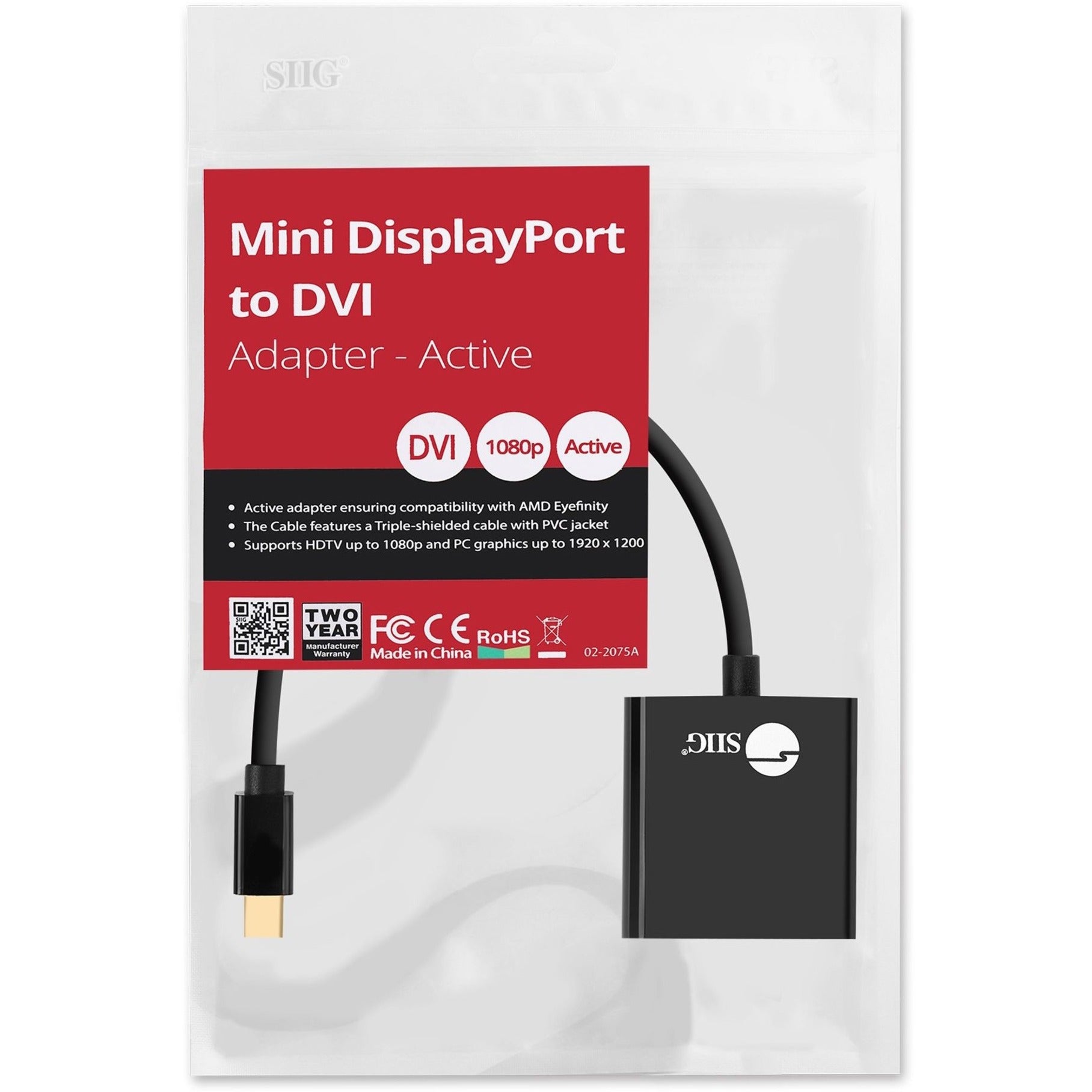 SIIG CB-DP1X12-S1 Mini DisplayPort to DVI Adapter - Active, Triple Shielded, Plug & Play, Supports 3840 x 2160 Resolution