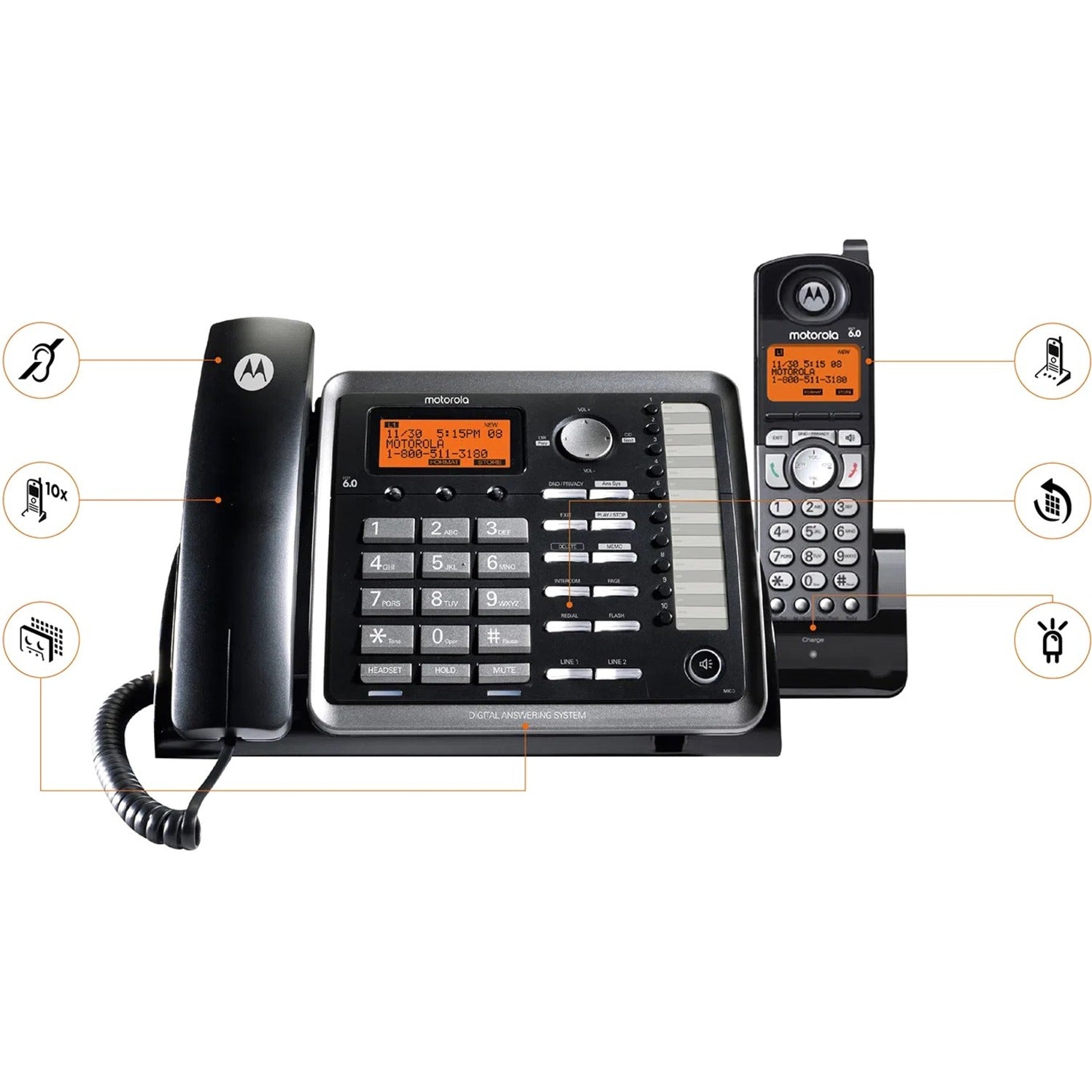 Motorola MOTO-ML25255 Corded/Cordless Phone ML25255, Digital Answering System, Speakerphone, DECT 6.0