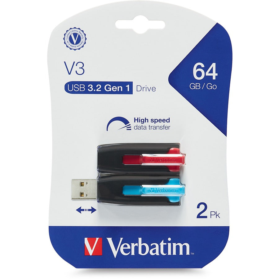 Verbatim 70899 64GB Store 'n' Go V3 USB 3.2 Gen 1 Flash Drive 2pk - Red, Blue