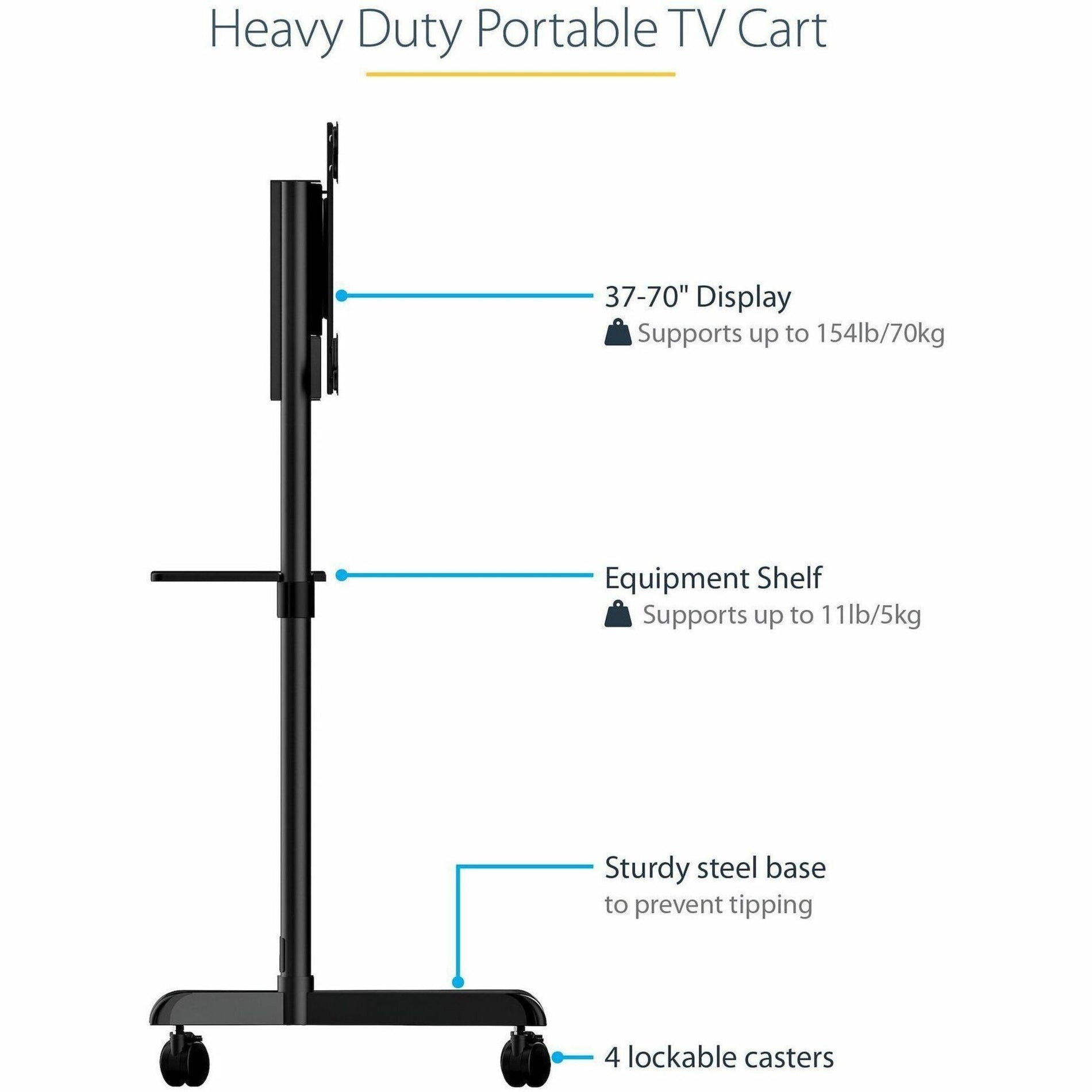 StarTech.com MBLTVSTNDEC Mobile Cart, Portable Rolling TV Stand, 37-70 inch VESA Display Mount, Shelf & Storage, Rotate/Tilt Display
