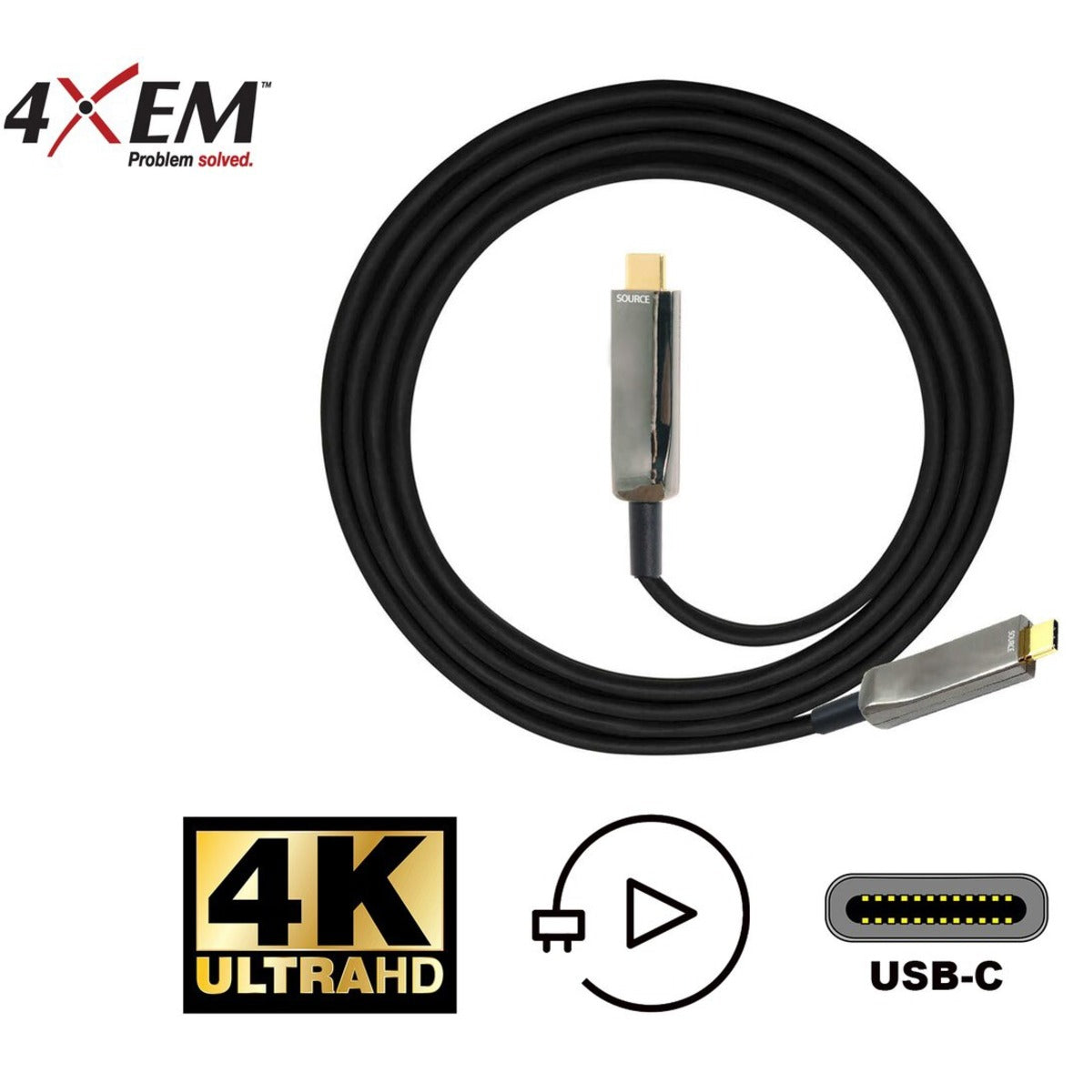 4XEM 4XUSBCFIBER15M 15M Fiber USB Type-C Cable, 4K@60HZ 21.6 Gbps, Plug & Play