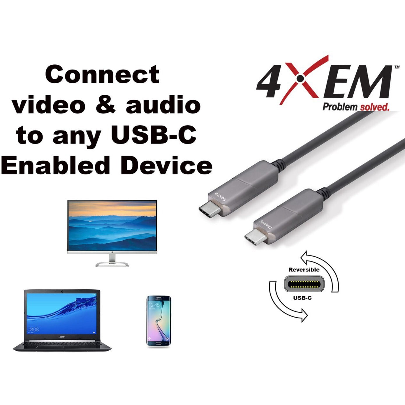 4XEM 4XUSBCFIBER15M 15M Fiber USB Type-C Cable, 4K@60HZ 21.6 Gbps, Plug & Play