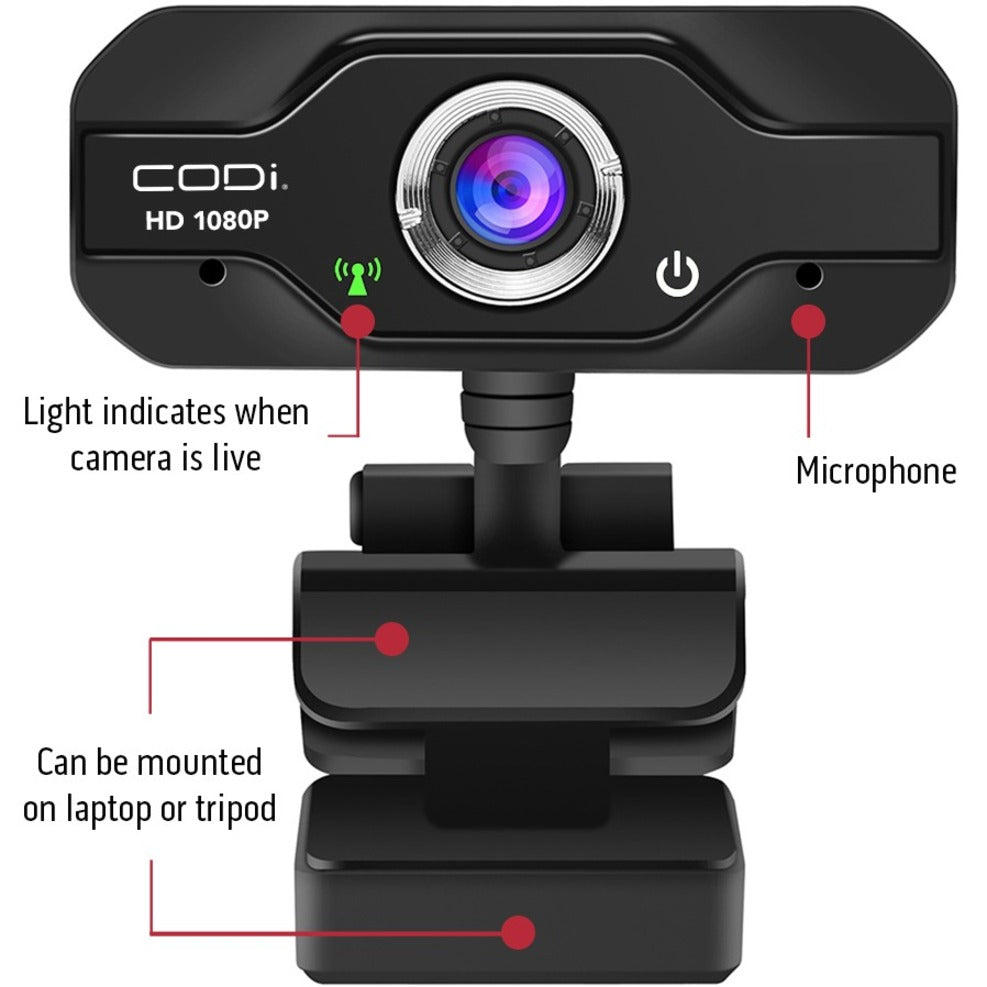 CODi A05024 Aquila HD 1080P Fixed Focus Webcam, 2MP CMOS Sensor, 30fps, USB 2.0, Built-in Microphone