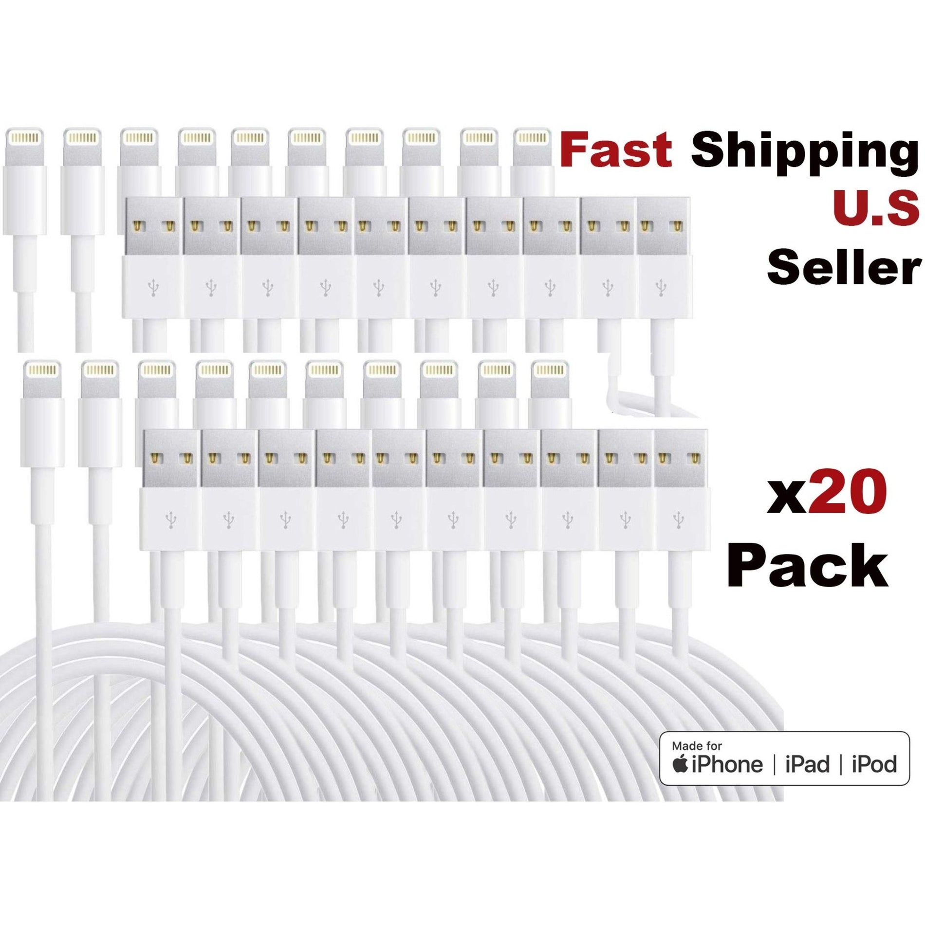 4XEM 4XLIGHTNING20PK 20 Pack 3ft 1m Lightning Cable Compatible with Apple iPhone/iPad/iPod, Charging, Molded, Wear Resistant