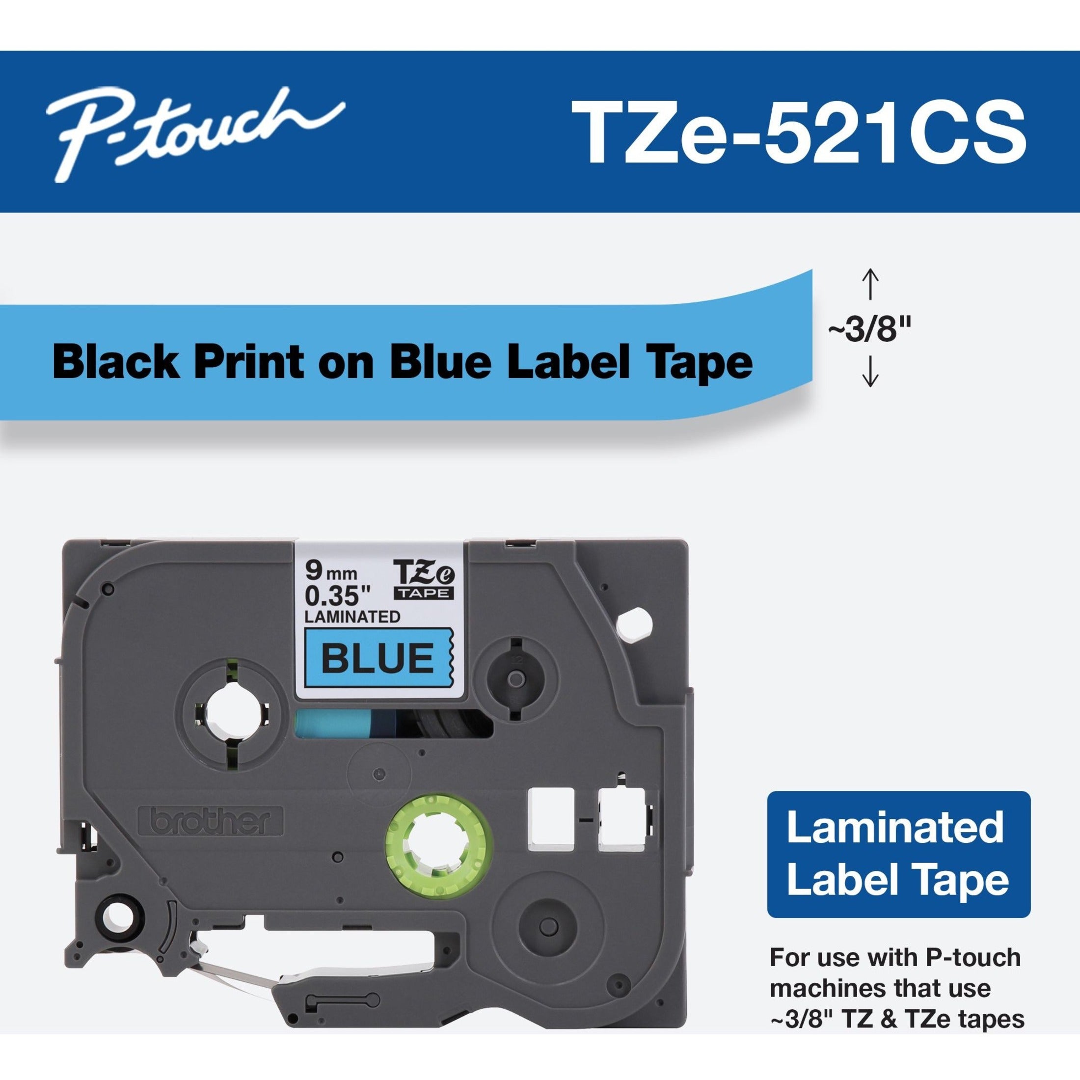 Brother P-touch TZe-521CS black on blue label tape cartridge with size specifications and product details-alternate-image1