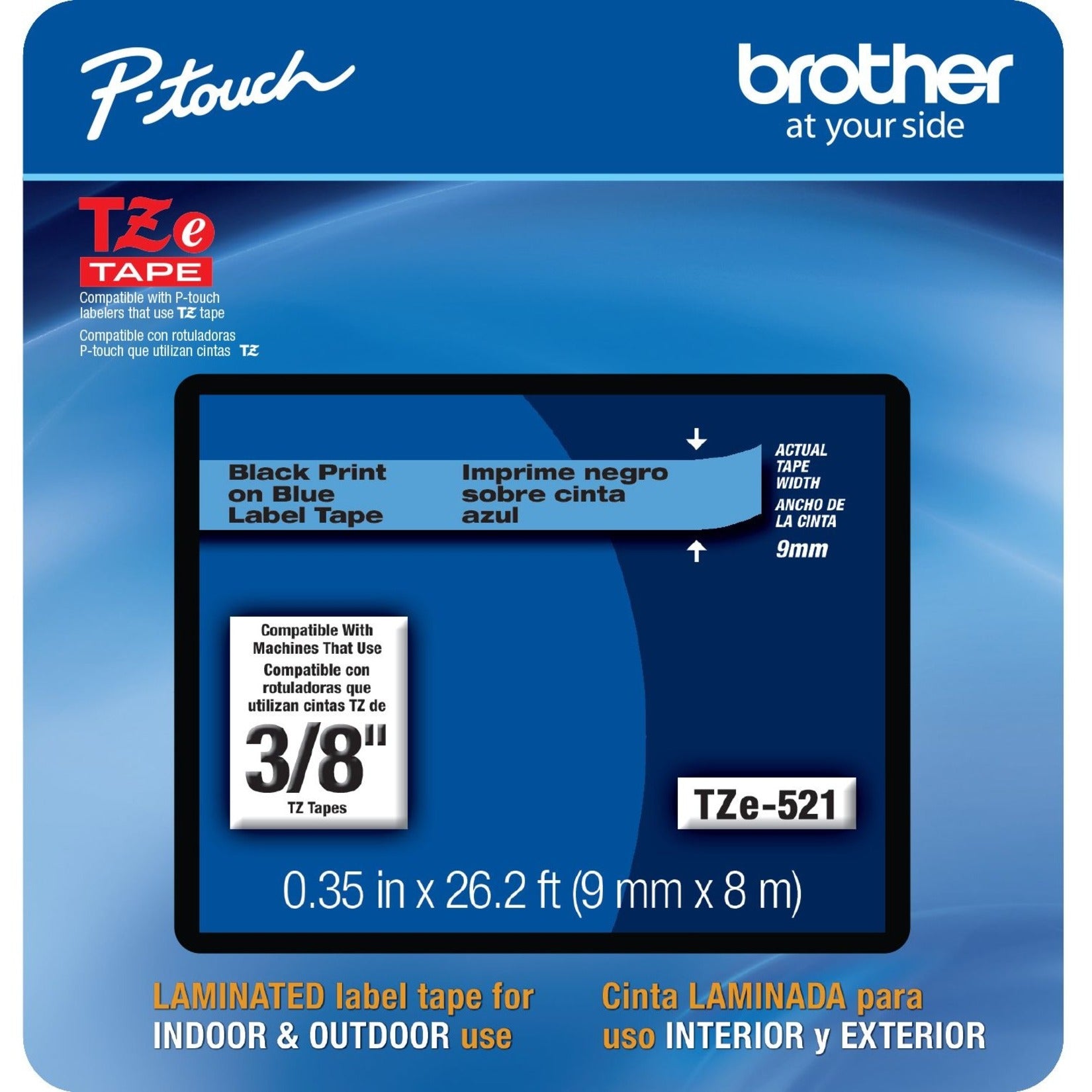 Brother TZE521CS P-touch Label Tape, 0.35" x 26.2', Black on Blue, Easy Peel, Fade Resistant, Water Resistant