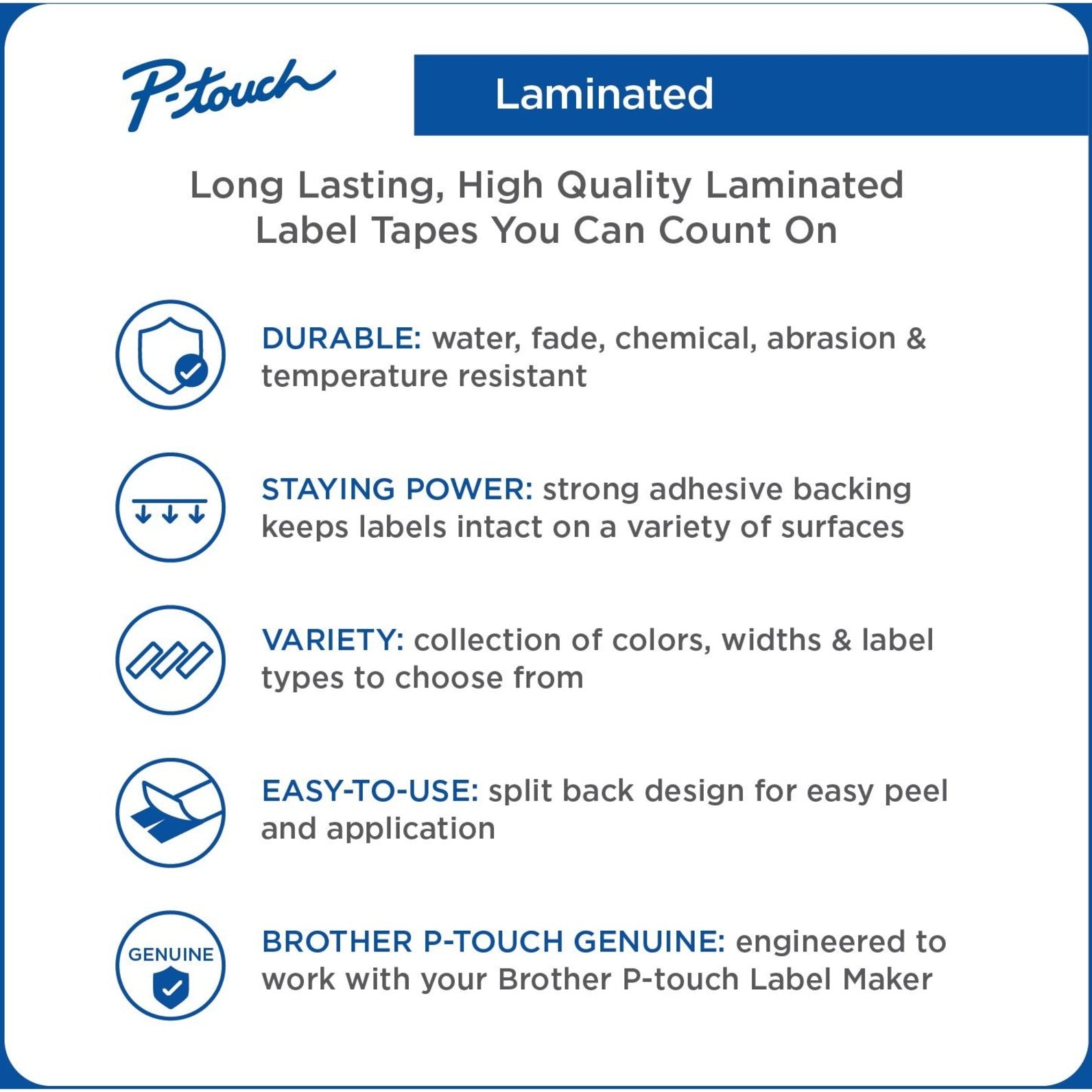 Infographic showing key features of Brother P-touch laminated label tape-alternate-image2