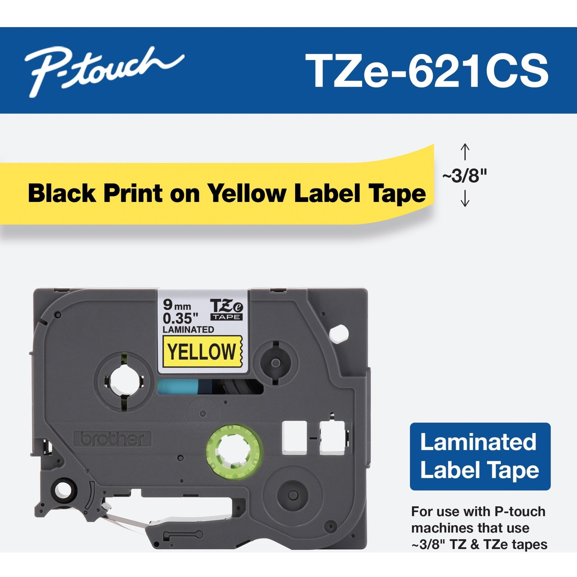 Brother TZE621CS Label Tape, 0.35" x 26.2', Black on Yellow, Easy Peel, Fade Resistant, Water Resistant