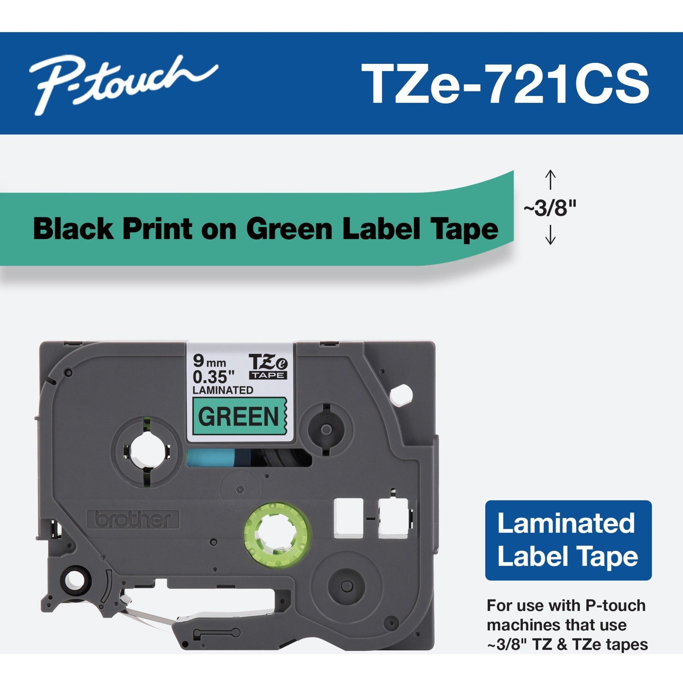Brother P-touch TZe-721CS black on green label tape cartridge showing 9mm width specification-alternate-image1