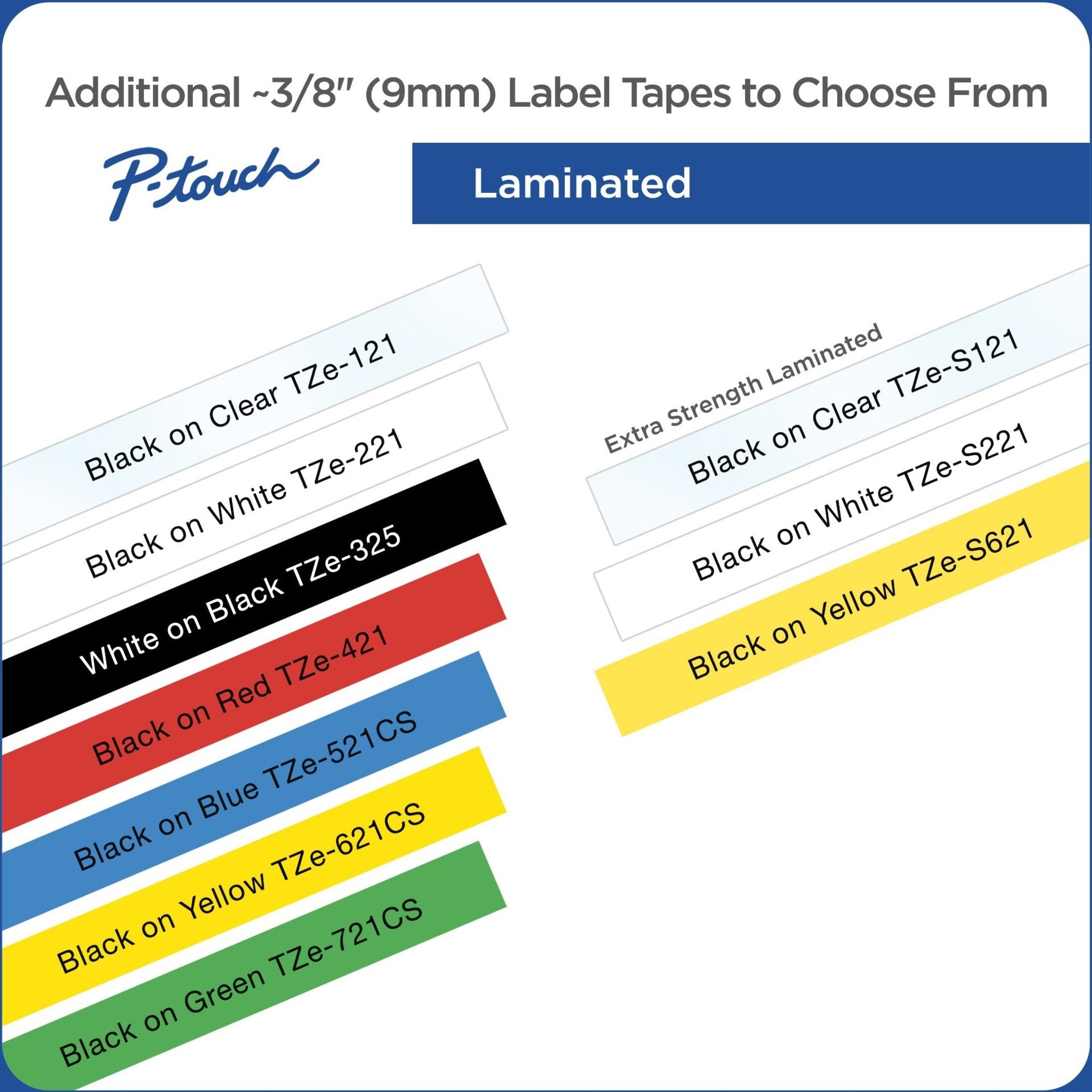 Display of various Brother P-touch TZe tape color options including black on green-alternate-image3