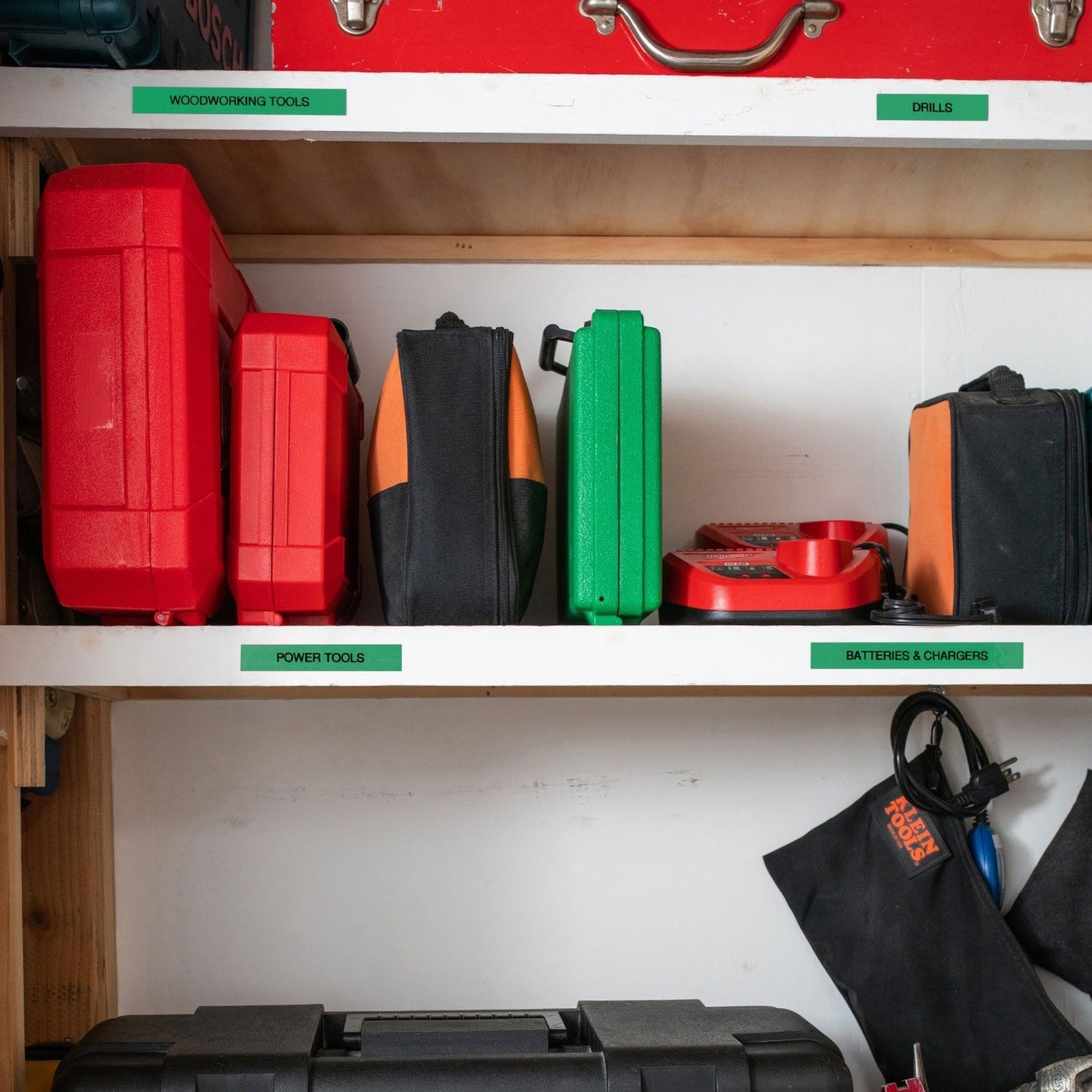 Workshop shelving organized with Brother P-touch labels showing tool categories-alternate-image4