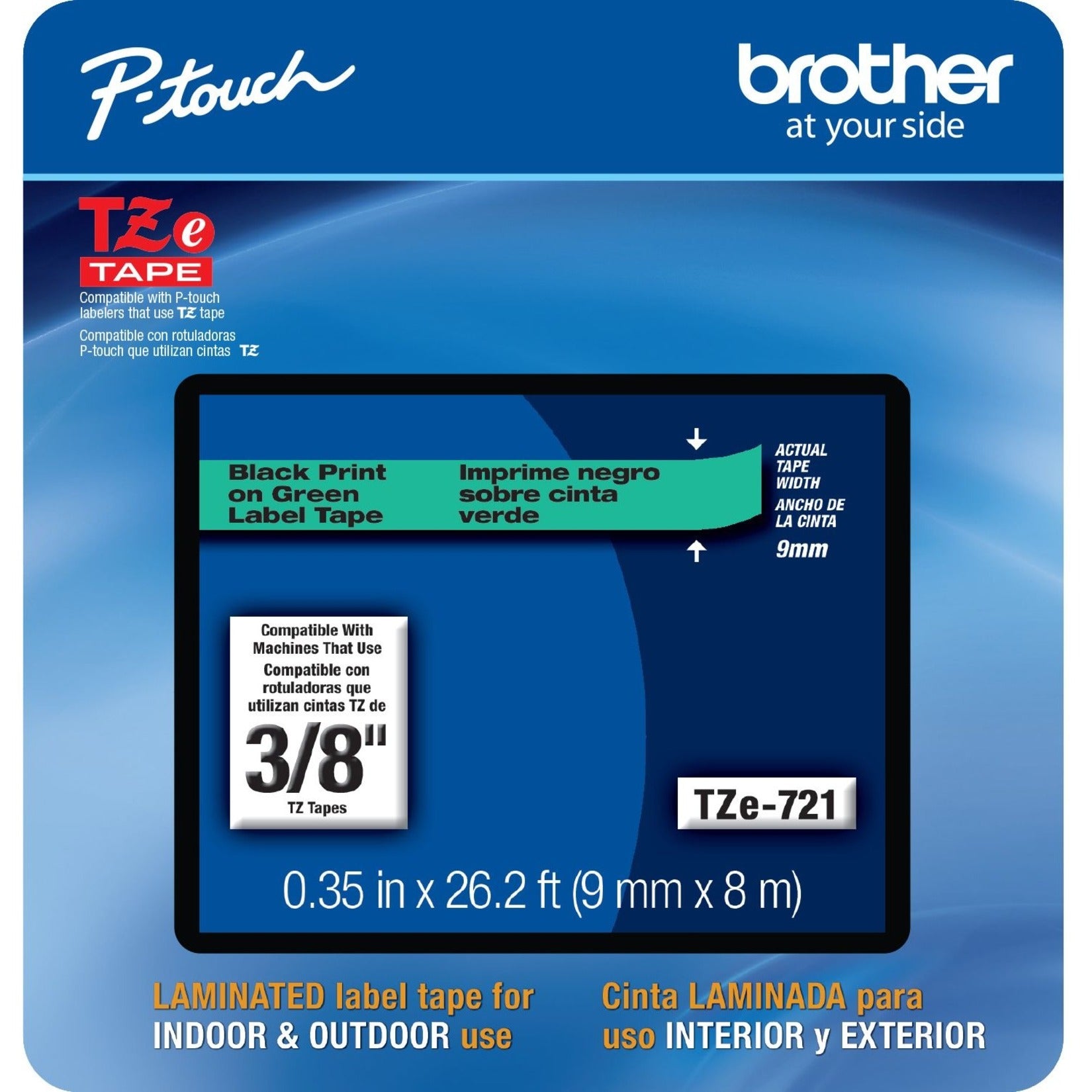 Brother TZE721CS P-touch Label Tape, 0.35" x 26.2', Black on Green, Easy Peel, Fade Resistant, Water Resistant