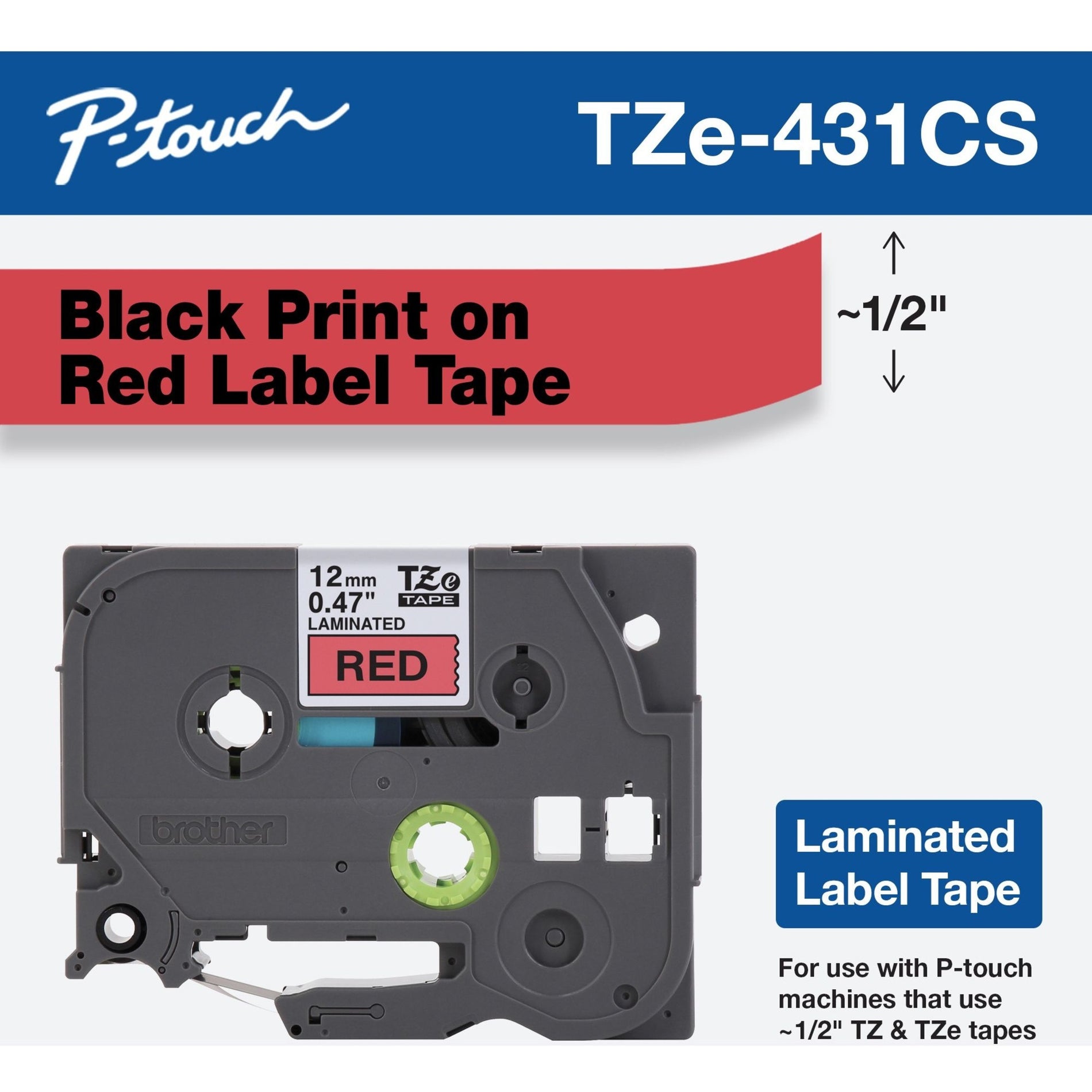 Brother TZE-431CS TZe-431CS, 0.47" x 26.2' Black on Red Laminated Label Tape, Easy Peel, Fade Resistant, Smudge Proof