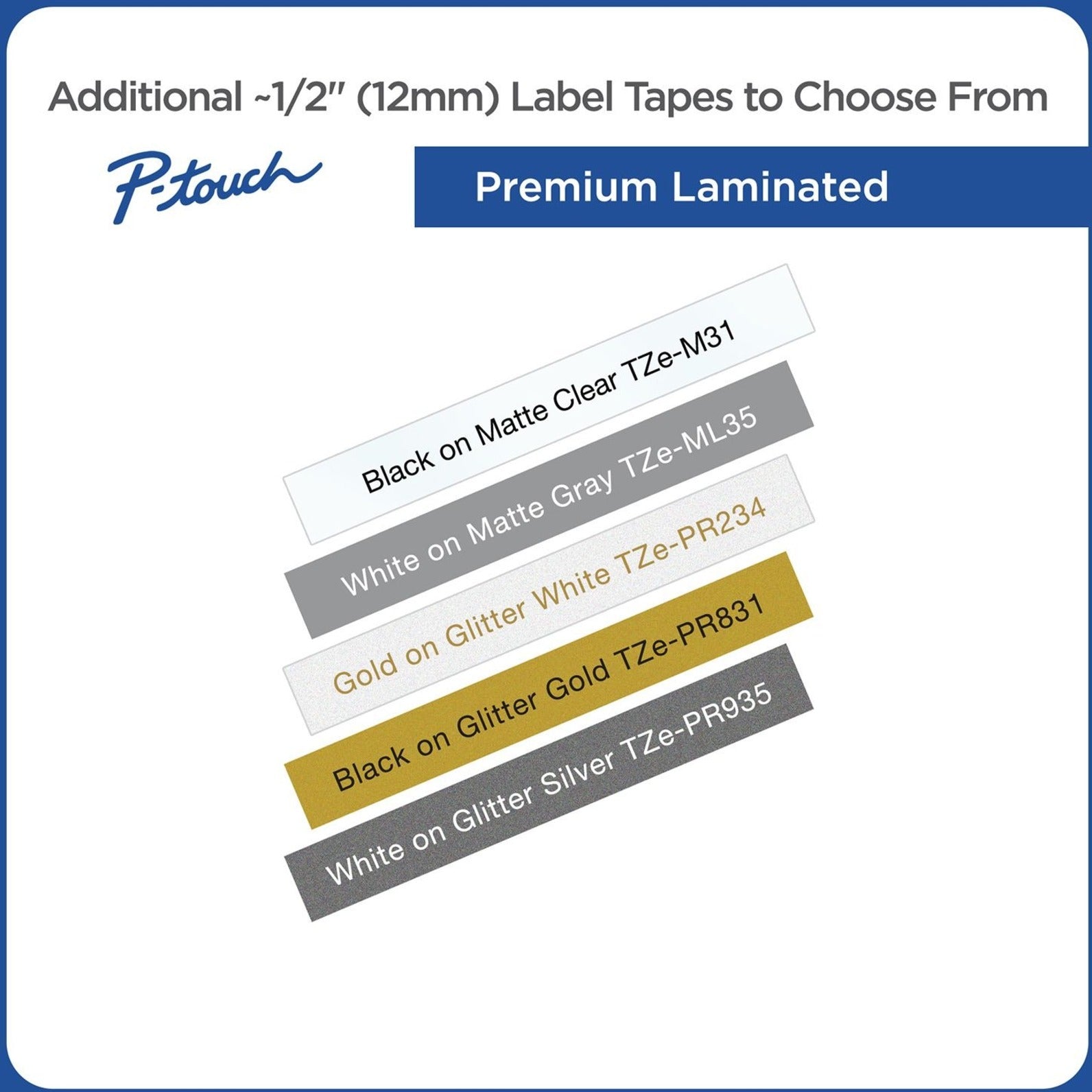 Selection of Brother TZe premium finish label tapes showing matte and glitter options-alternate-image6