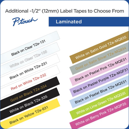 Color chart displaying various Brother TZe tape color combinations available in 12mm width-alternate-image3
