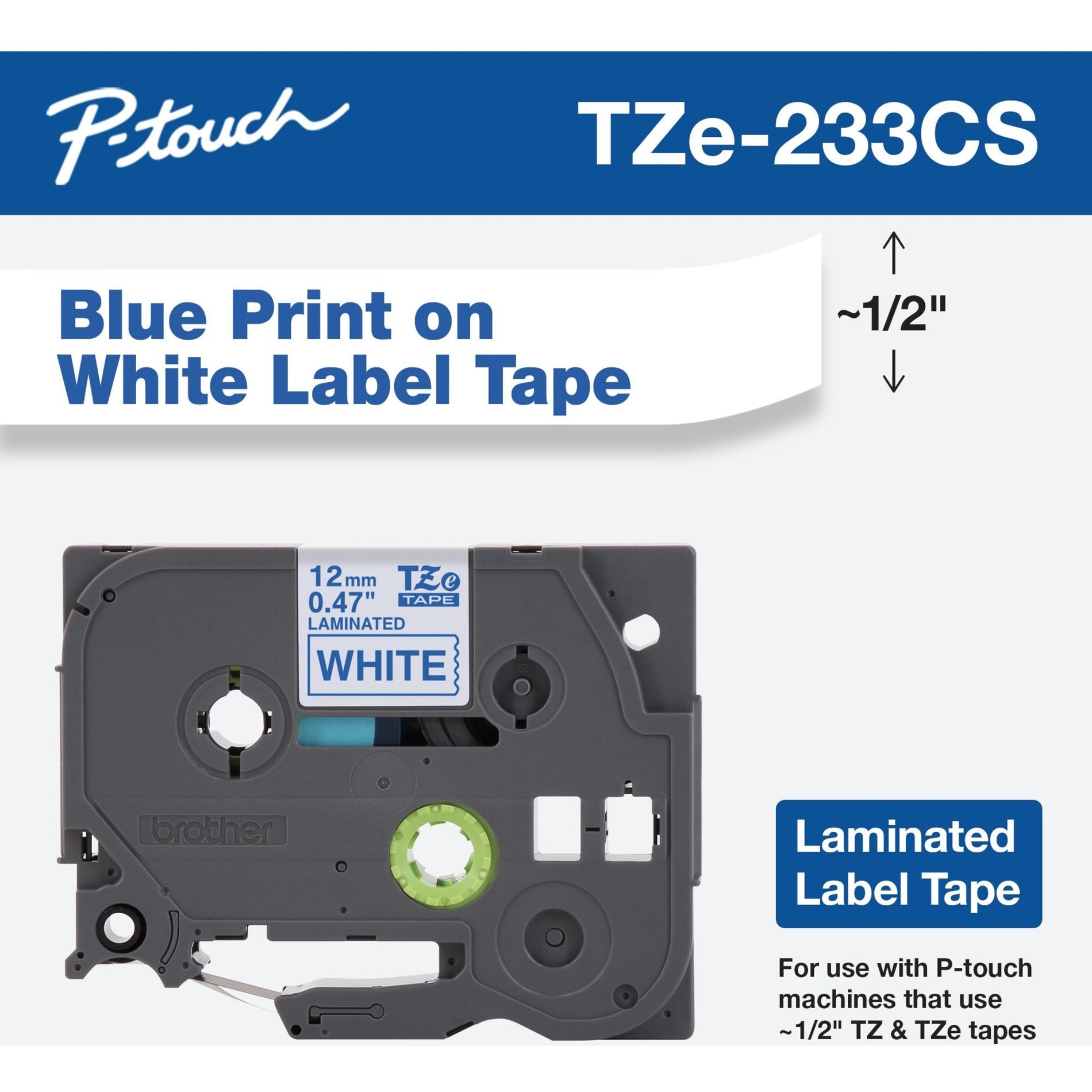 Brother TZE-233CS Label Tape, Blue on White, 0.47" x 26.2', Easy Peel, Fade Resistant, Water Resistant