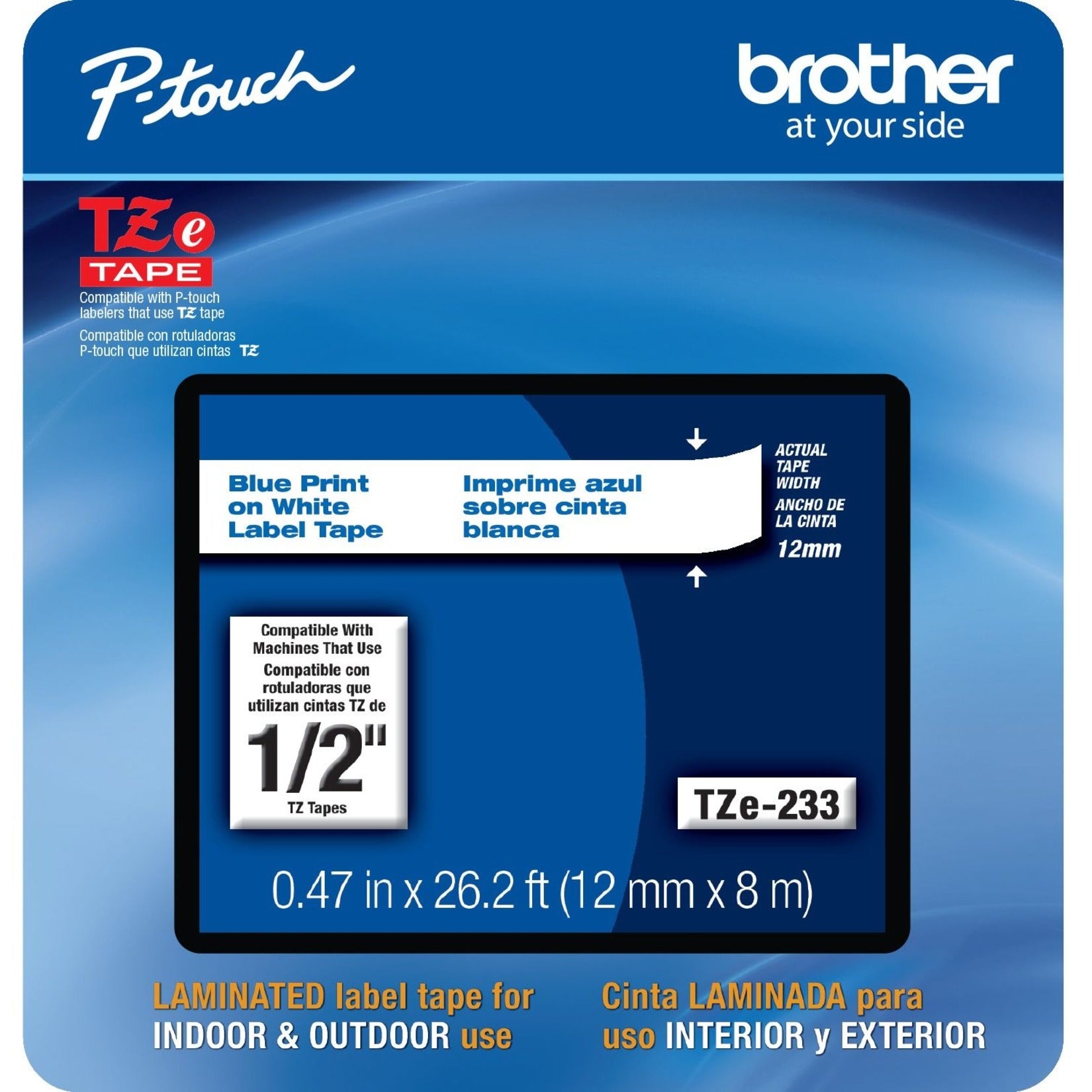 Brother TZe-233 tape package showing 12mm width specification and blue-on-white tape sample-alternate-image9