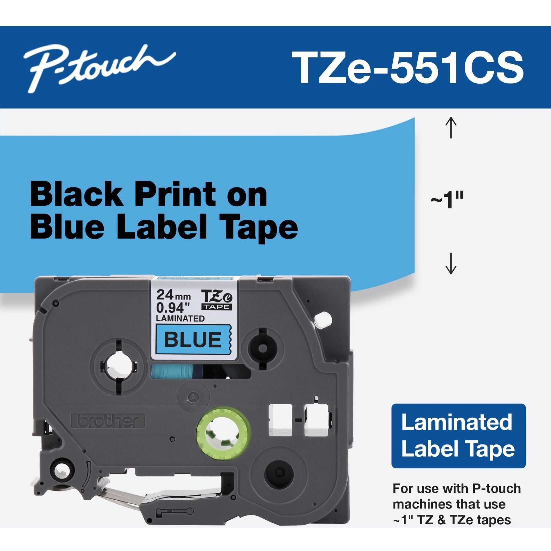 Brother TZE-551CS TZe-551CS, 0.94" x 26.2' Black on Blue Laminated Label Tape, Easy Peel, Fade Resistant, Smudge Proof