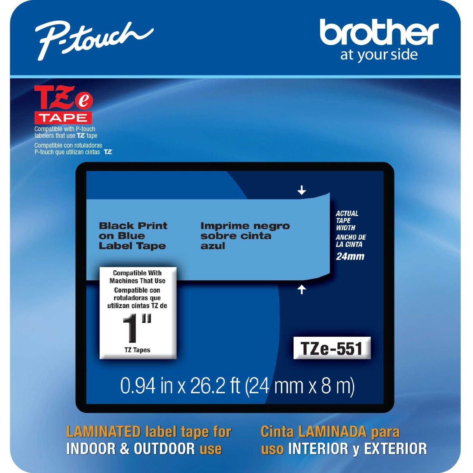 Brother TZE-551CS TZe-551CS, 0.94" x 26.2' Black on Blue Laminated Label Tape, Easy Peel, Fade Resistant, Smudge Proof