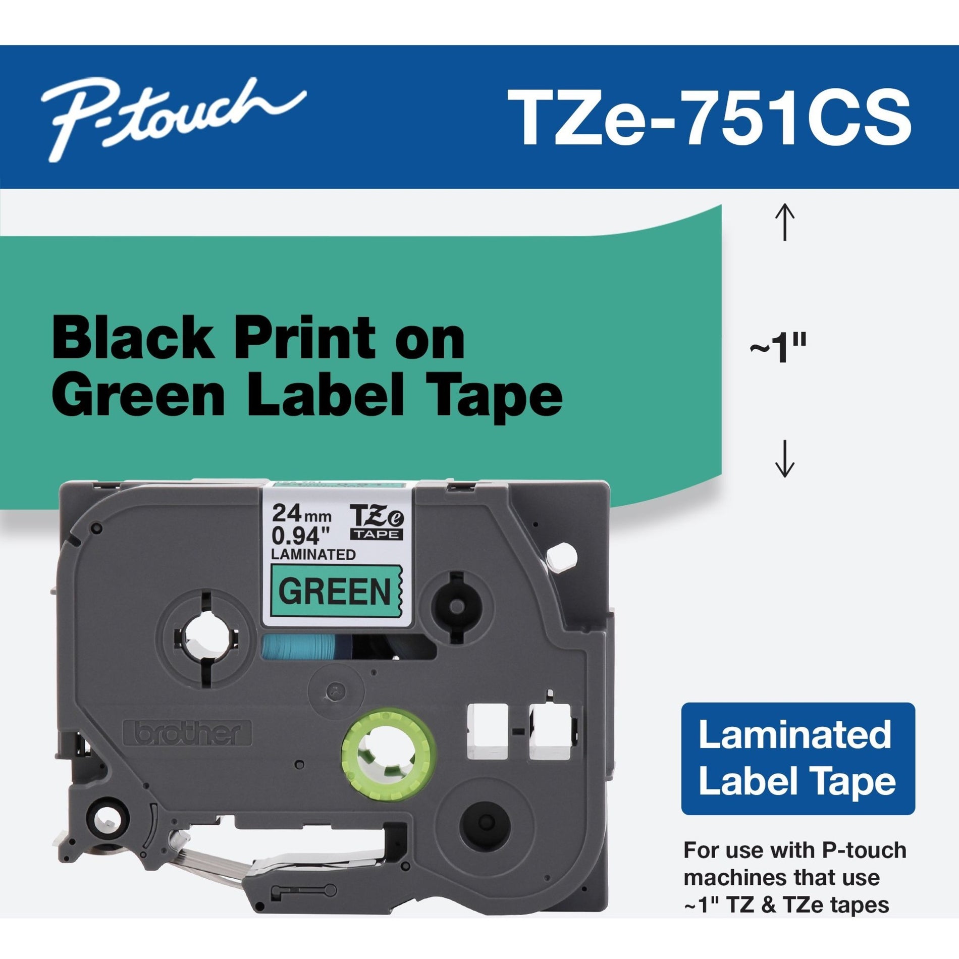 Brother TZE-751CS TZe-751CS, 0.94" x 26.2' Black on Green Laminated Label Tape, Easy Peel, Fade Resistant, Smudge Proof