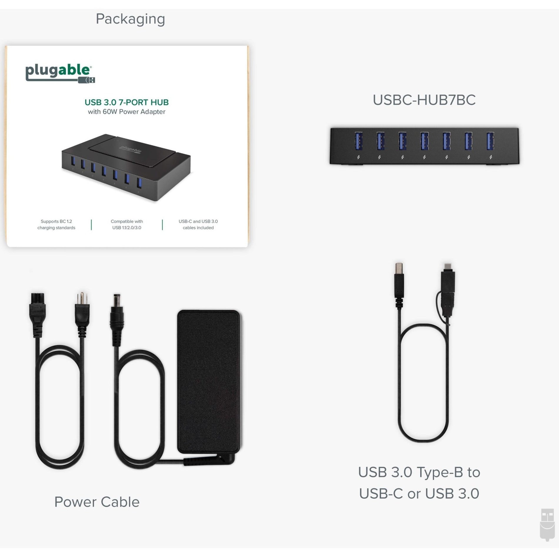 Plugable USBC-HUB7BC USB 3.0 AND USB-C 7-PORT CHARGING HUB, 2 Year Warranty, Mac/PC/Linux Compatible