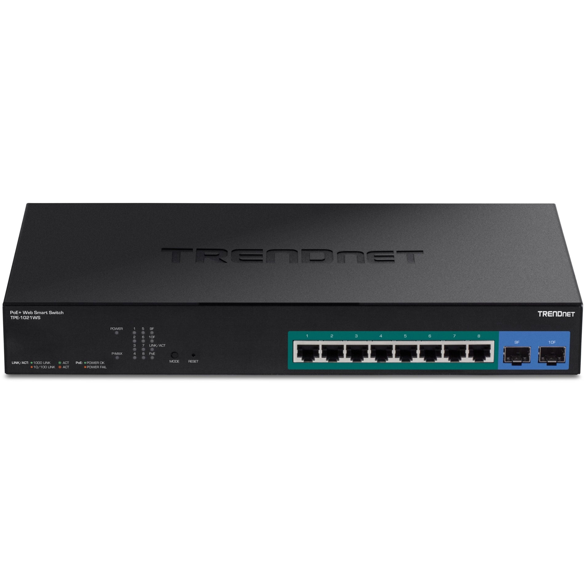 TRENDnet TPE-1021WS 10-Port Gigabit Web Smart PoE+ Switch, 8 x Gigabit Ethernet PoE+, 2 x Gigabit Ethernet Expansion Slot