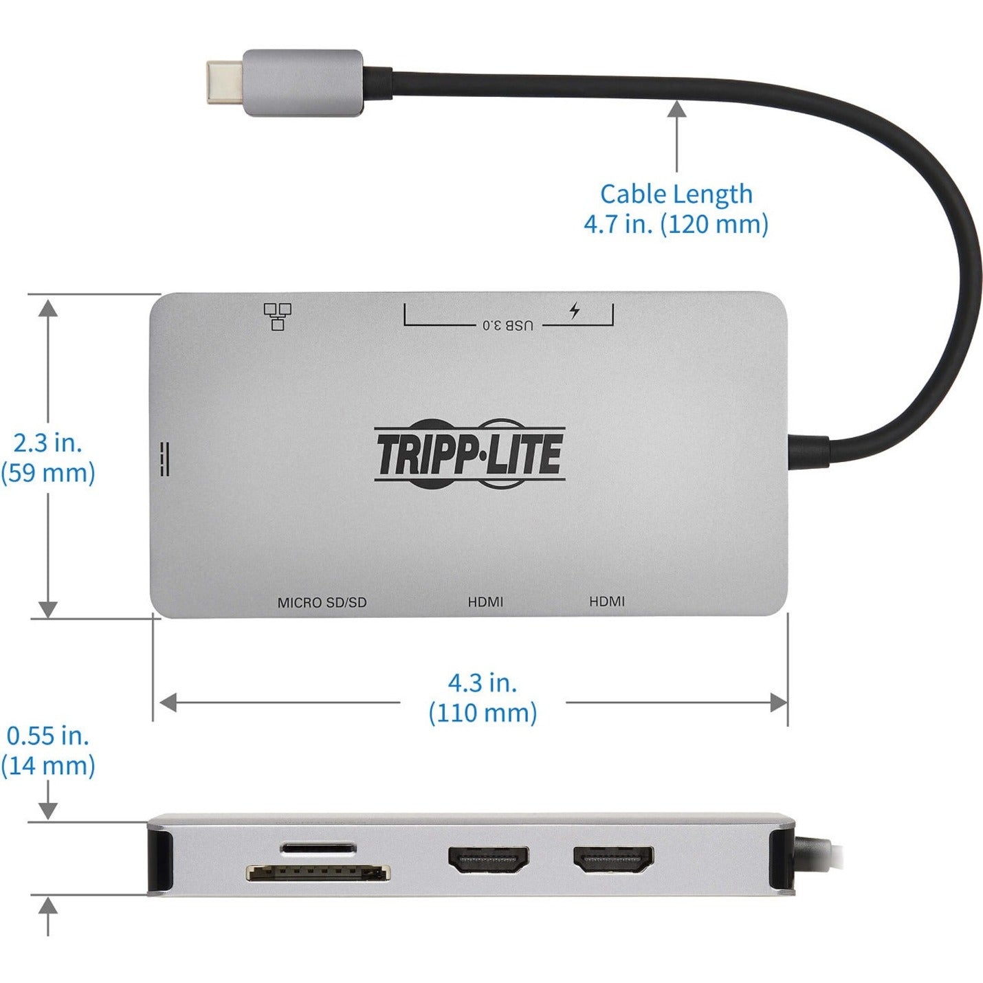 Tripp Lite U442-DOCK8G-GG Docking Station, Dual Display 4K 60Hz, USB-C, HDMI, USB Type-A, RJ-45, 100W Power Supply
