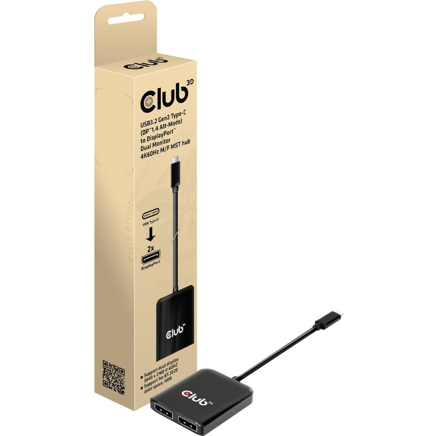 Club 3D CSV-1555 USB3.2 Gen2 Type-C(DP Alt-Mode) to DisplayPort Dual Monitor 4K60Hz M/F MST Hub, Maximum Video Resolution 3840 × 2160