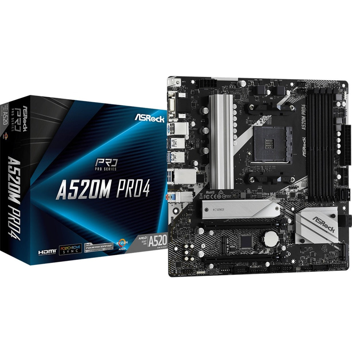 ASRock A520M PRO4 Desktop Motherboard, AMD A520 Chipset, DDR4 RAM, Micro ATX Form Factor