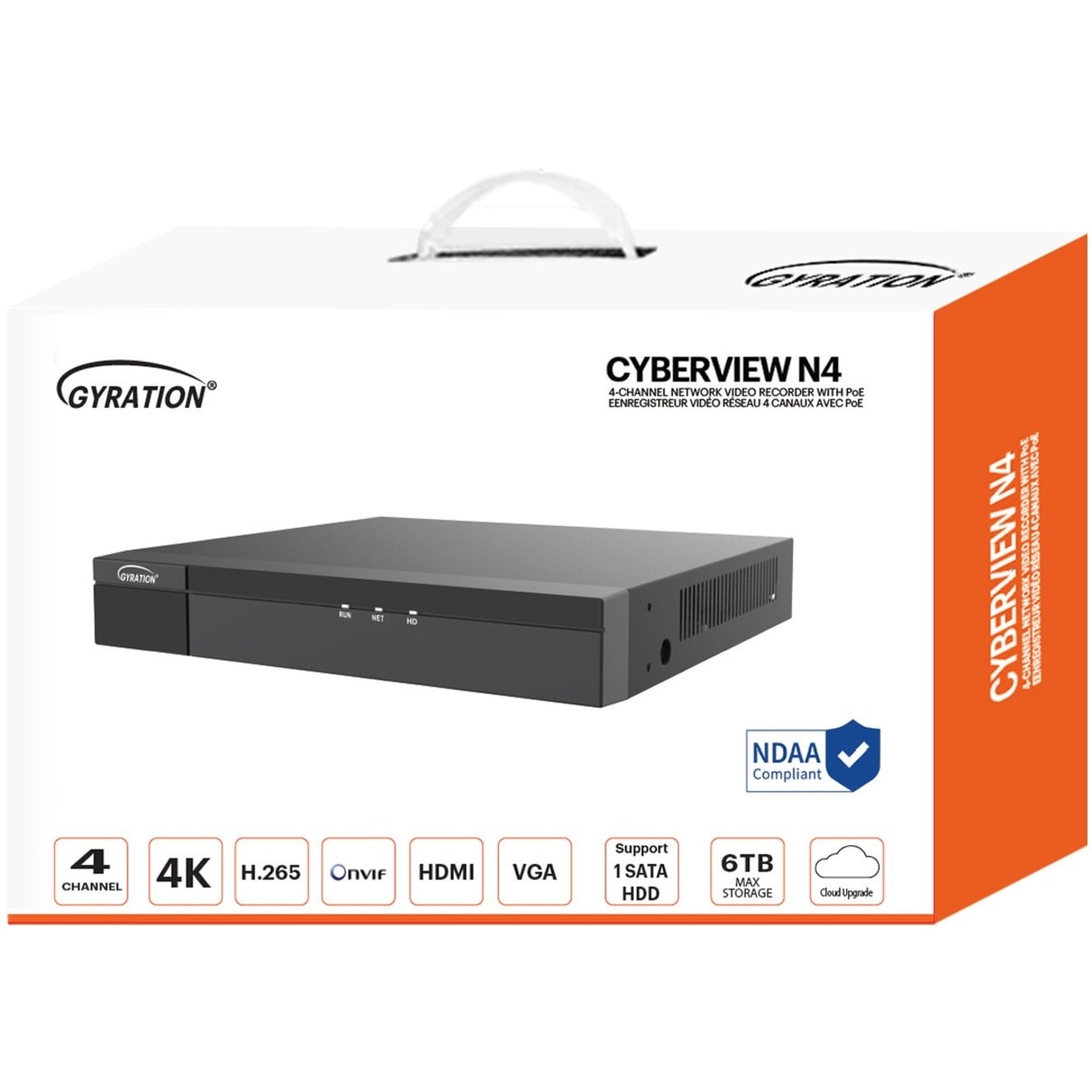 Gyration CYBERVIEW N4 4-Channel Network Video Recorder With PoE, Ultra 265, H.264, H.265, 4K, 30 fps