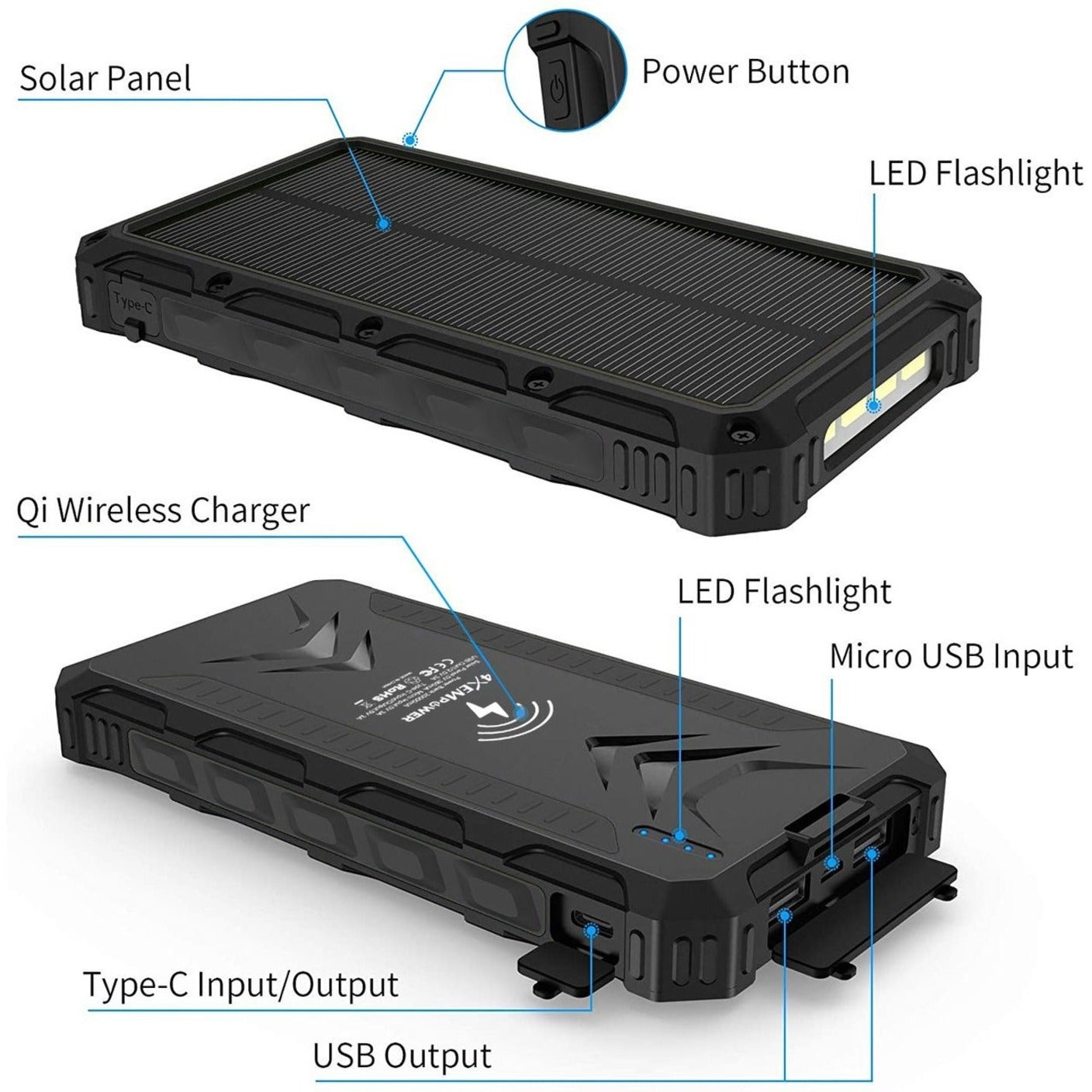 4XEM 4XSOLARPWRBK Mobile Solar Charger (Black), 20,000mAh Power Bank and Charger
