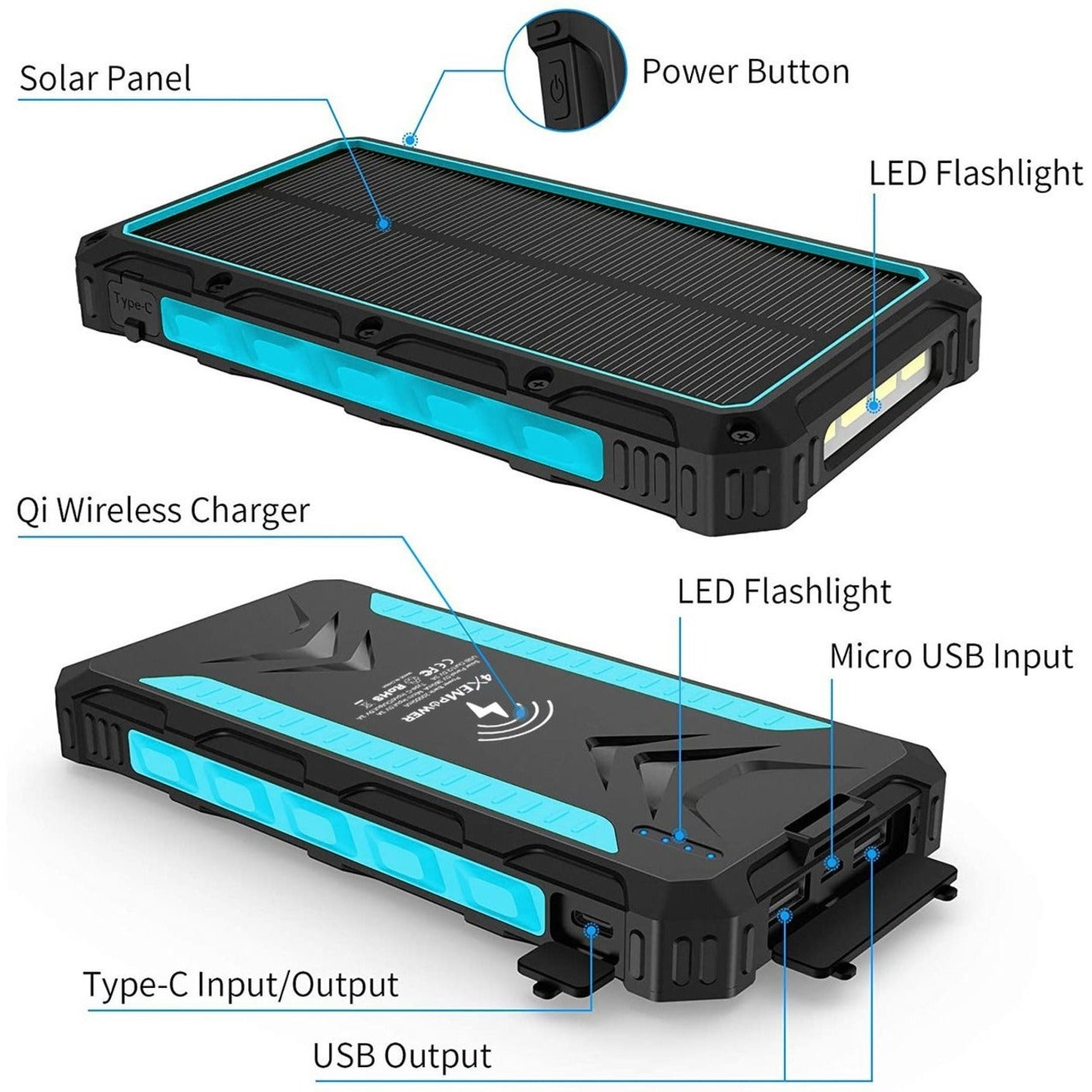4XEM 4XSOLARPWRBL Mobile Solar Charger (Blue), 20,000mAh Power Bank and Charger