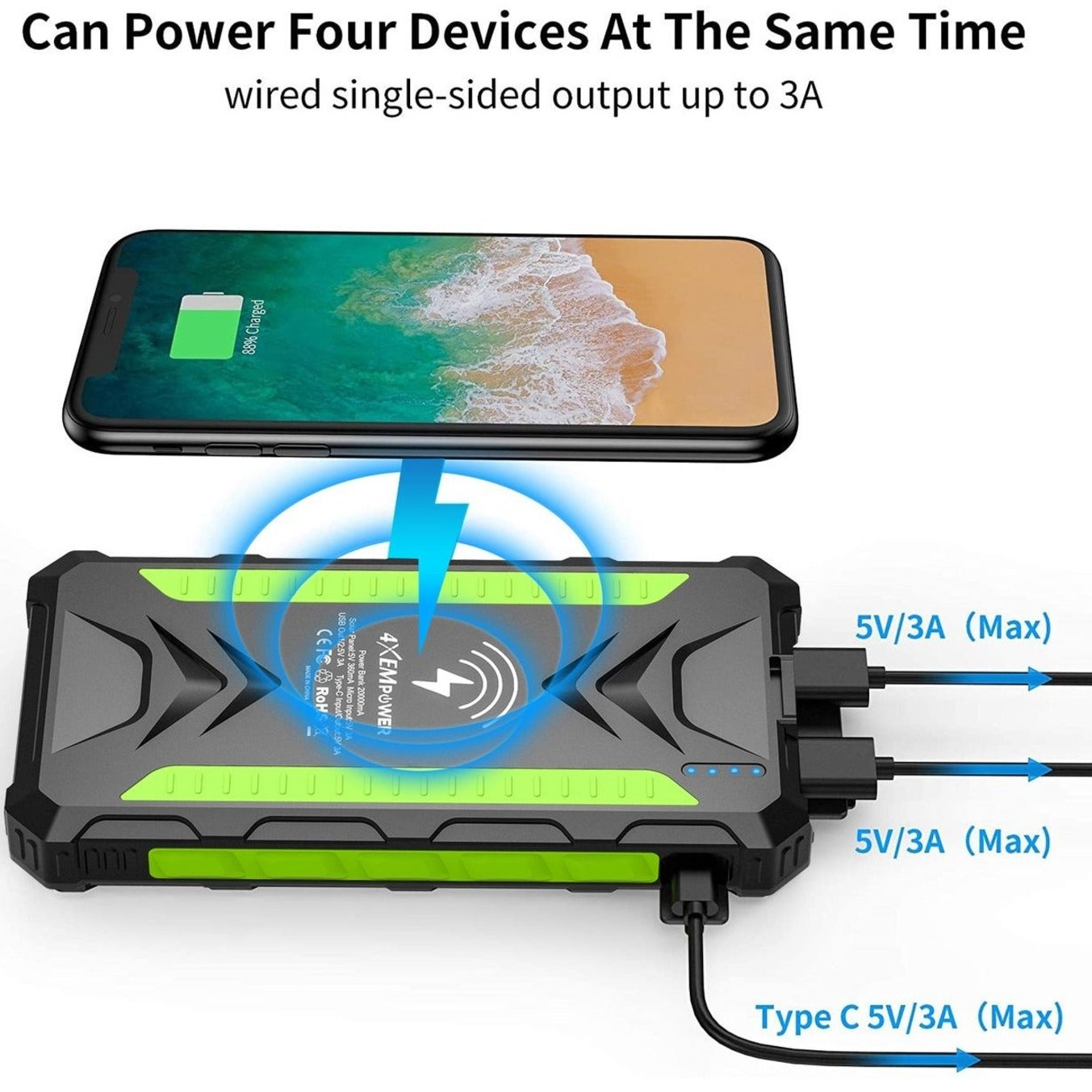 4XEM 4XSOLARPWRGN Mobile Solar Charger (Green), 20,000mAh Power Bank and USB Charger