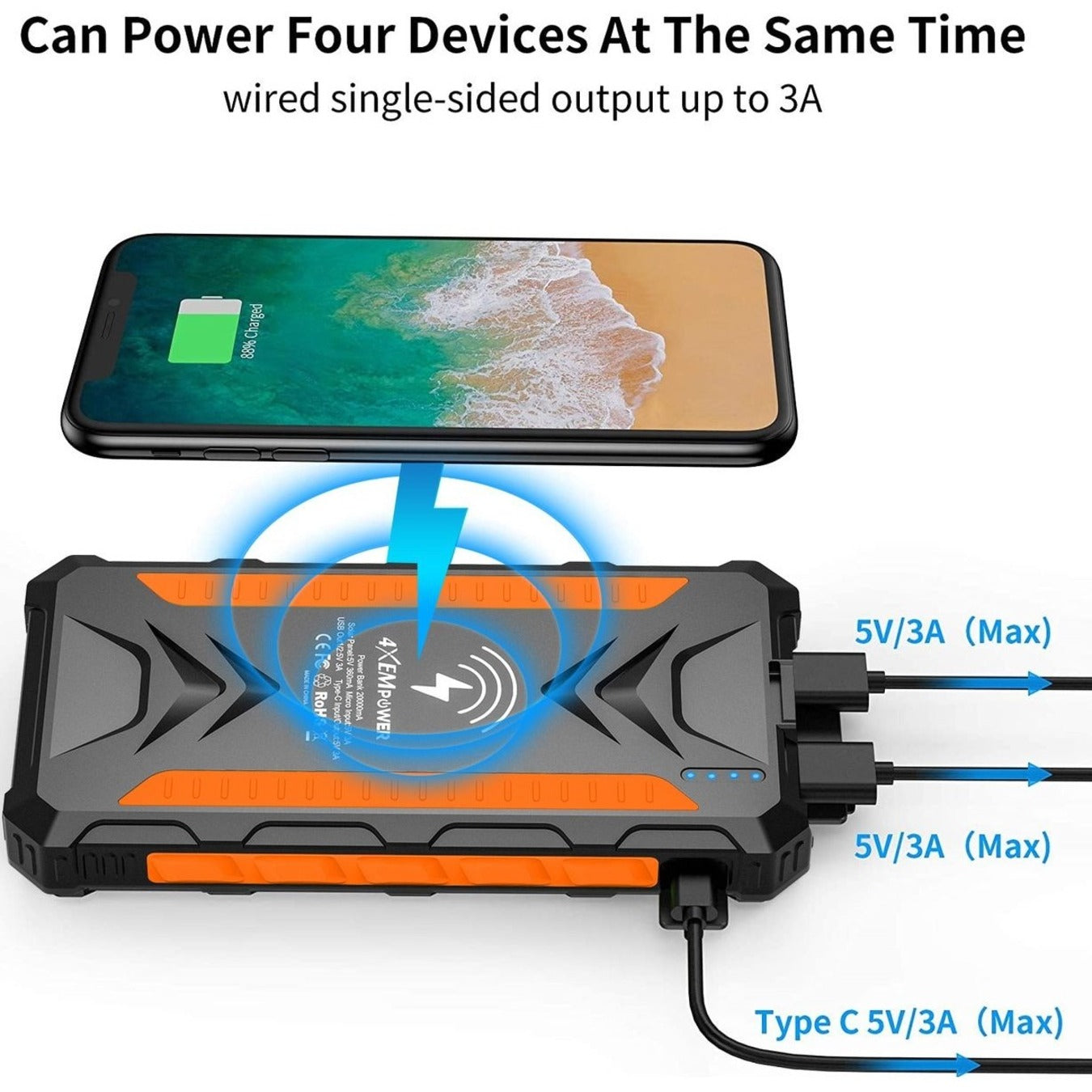 4XEM 4XSOLARPWROR Mobile Solar Charger (Orange), 20,000mAh Power Bank and Charger