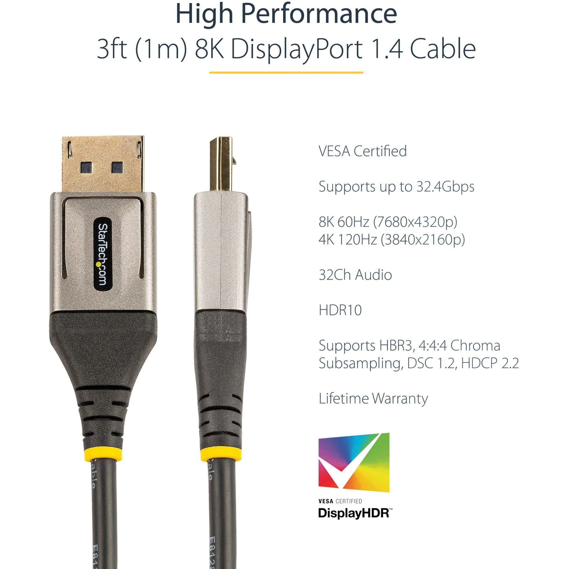 StarTech.com 3ft (1m) VESA Certified DisplayPort 1.4 Cable, 8K 60Hz HDR10, UHD 4K 120Hz Video, DP to DP Monitor Cord, DP 1.4 Cable, M/M (DP14VMM1M) Alternate-Image5 image