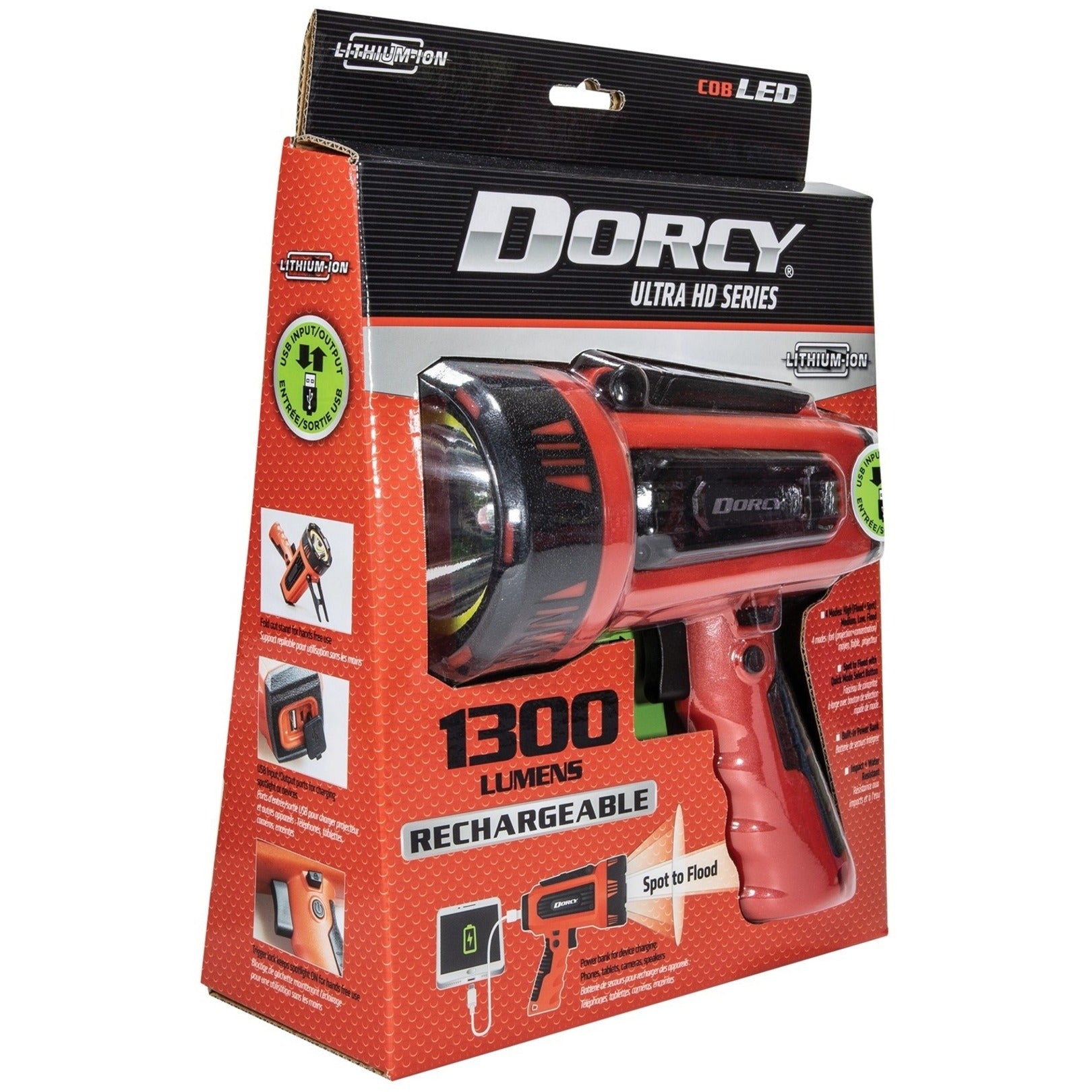 Dorcy 41-4356 Ultra HD 1300 Lumen Rechargeable Spotlight + Power Bank, Water Resistant, Outdoor Use