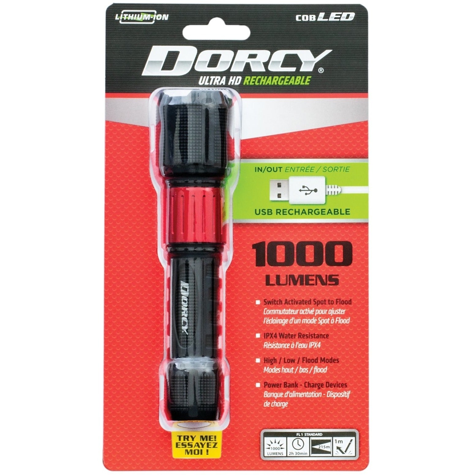 Dorcy 41-4358 Ultra 1000 Lumen USB Rechargeable Flashlight With Powerbank, Spot Flood Flashlight