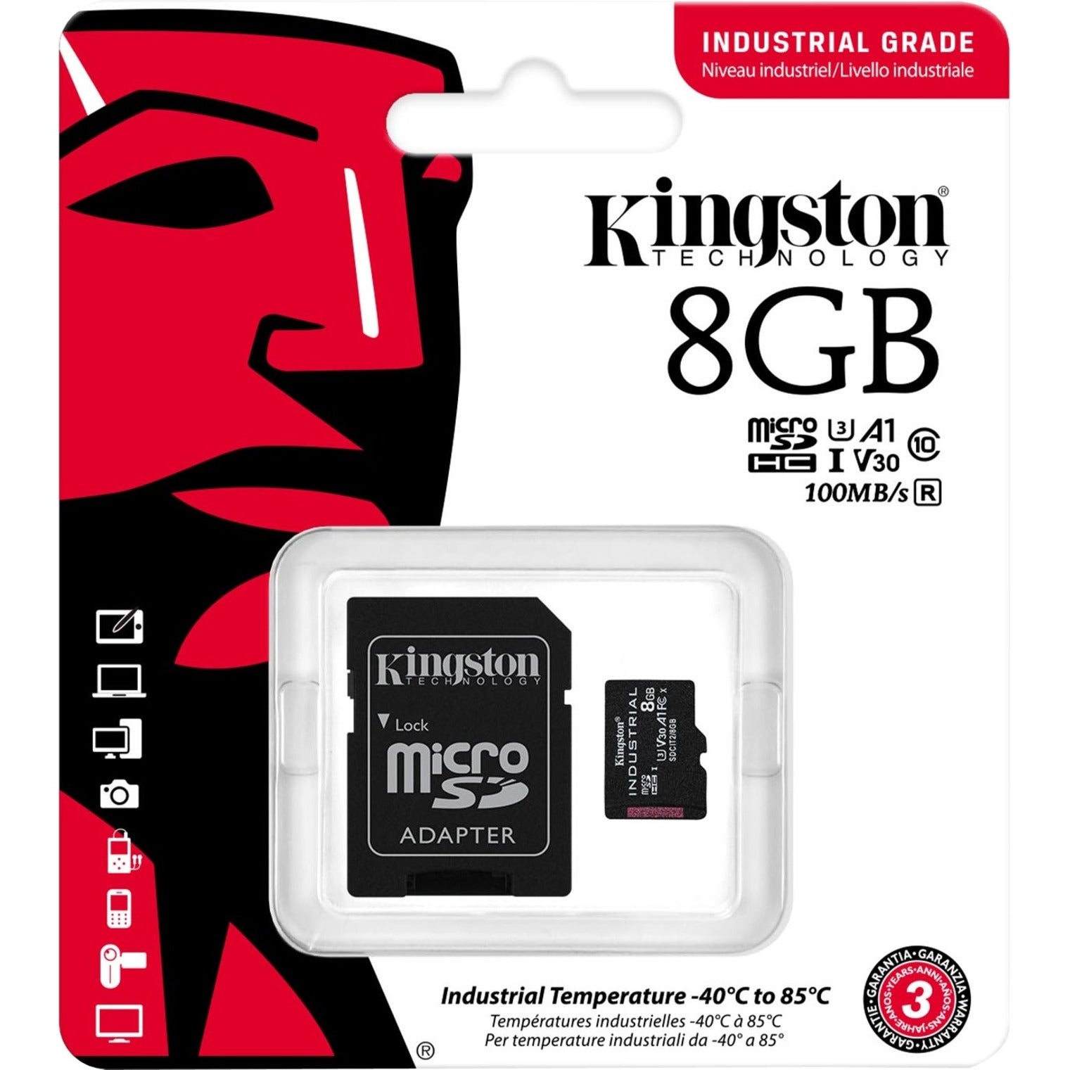 Kingston SDCIT2/8GB Industrial 8GB microSDHC Card, 100 MB/s Data Transfer Rate, V30 Video Speed Class