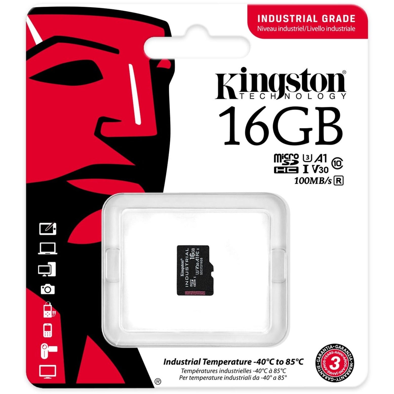 Kingston SDCIT2/16GBSP Industrial 16GB microSDHC Card, 100 MB/s Data Transfer Rate, V30 Video Speed Class