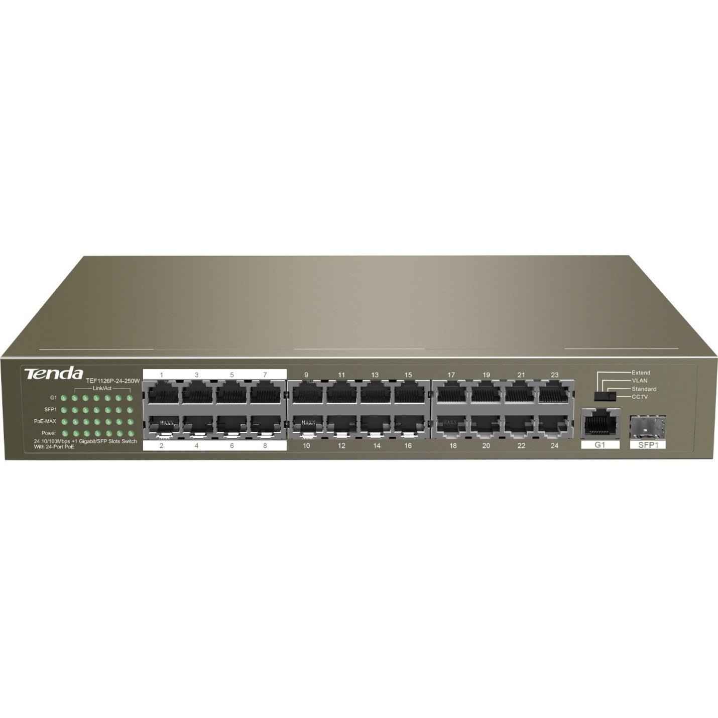 Tenda TEF1126P-24-250W Ethernet Switch, 24*100M PoE Ports+1*1000M Port, Gigabit Ethernet, Rack-mountable