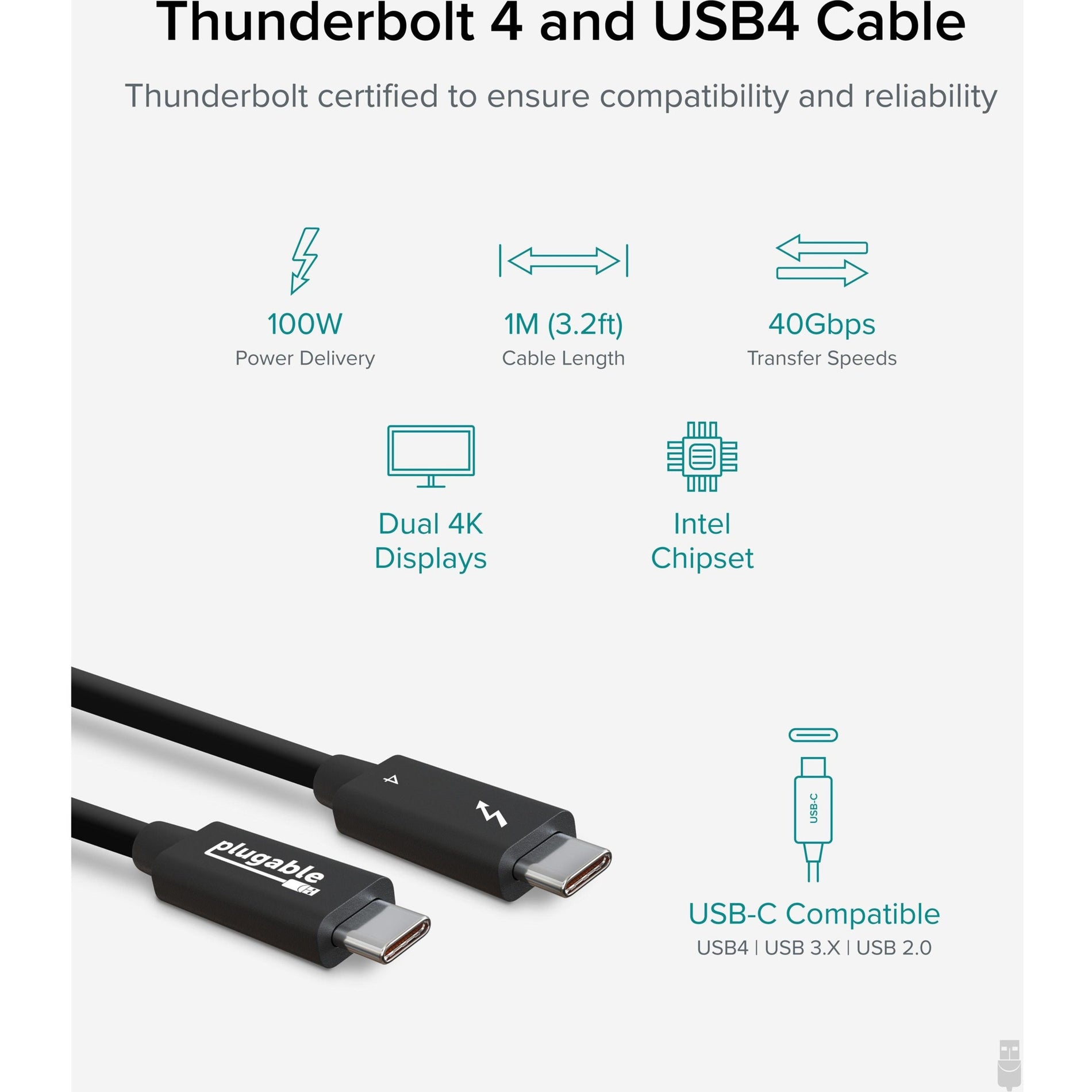 Plugable TBT4-40G1M Thunderbolt 4 Data Transfer Cable, 40 Gbit/s, 3.28 ft, Charging, Passive, USB Power Delivery (USB PD)