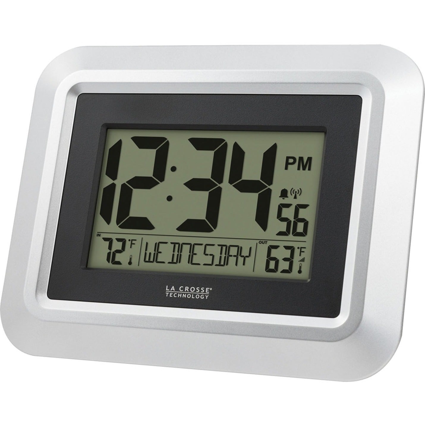 La Crosse Technology 513-1918S-INT Atomic Digital Wall Clock with Indoor/Outdoor Temperature, Temperature Display, 12/24hr Format, Calendar, Daylight Saving, Alarm, Snooze, Wall Mountable, Battery Indicator