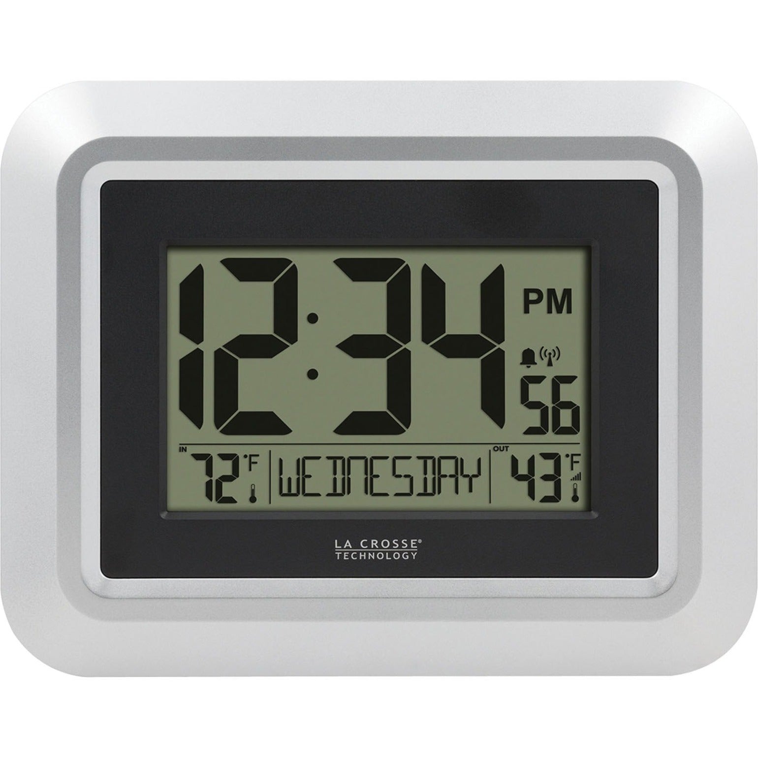 La Crosse Technology 513-1918S-INT Atomic Digital Wall Clock with Indoor/Outdoor Temperature, Temperature Display, 12/24hr Format, Calendar, Daylight Saving, Alarm, Snooze, Wall Mountable, Battery Indicator