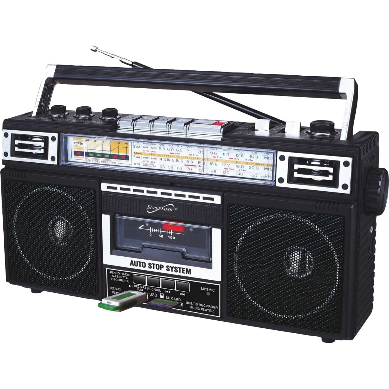 Supersonic SC-3201BT-BK Retro 4-Band Radio and Cassette Player with Bluetooth (Black)