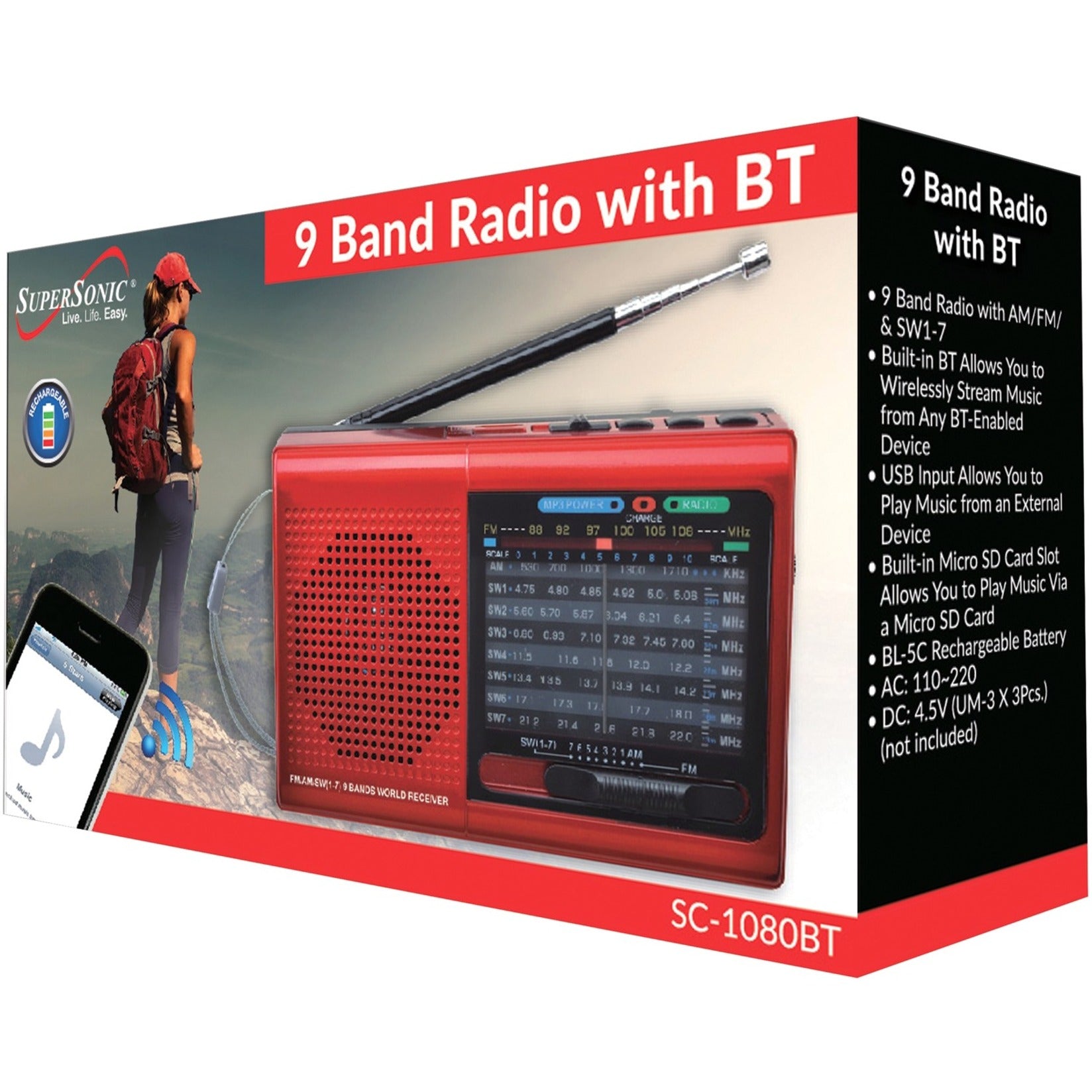 Supersonic SC-1080BT- RED 9 Band Radio With Bluetooth, Rechargeable Battery, Speaker