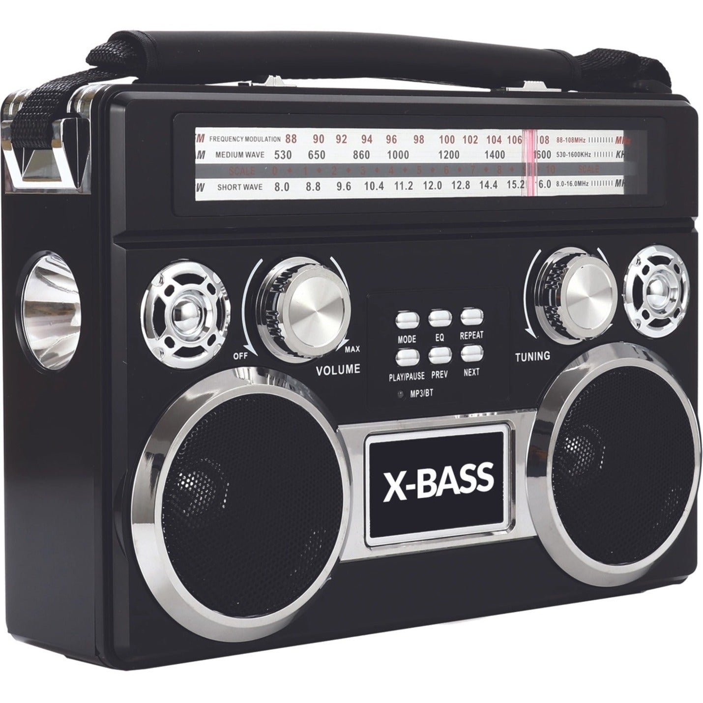 Supersonic SC-1097BT- Black 3 Band Radio with Bluetooth and Flashlight, Portable Analog Radio Tuner