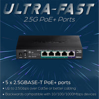 TRENDnet 5-Port Unmanaged 2.5G PoE+ Switch, Fanless, Compact Desktop Design, Metal Housing, 2.5GBASE-T Ports, IEEE 802.3bz, 55W PoE Budget, Life protection, Black, TPE-TG350 (TPE-TG350) Alternate-Image2 image