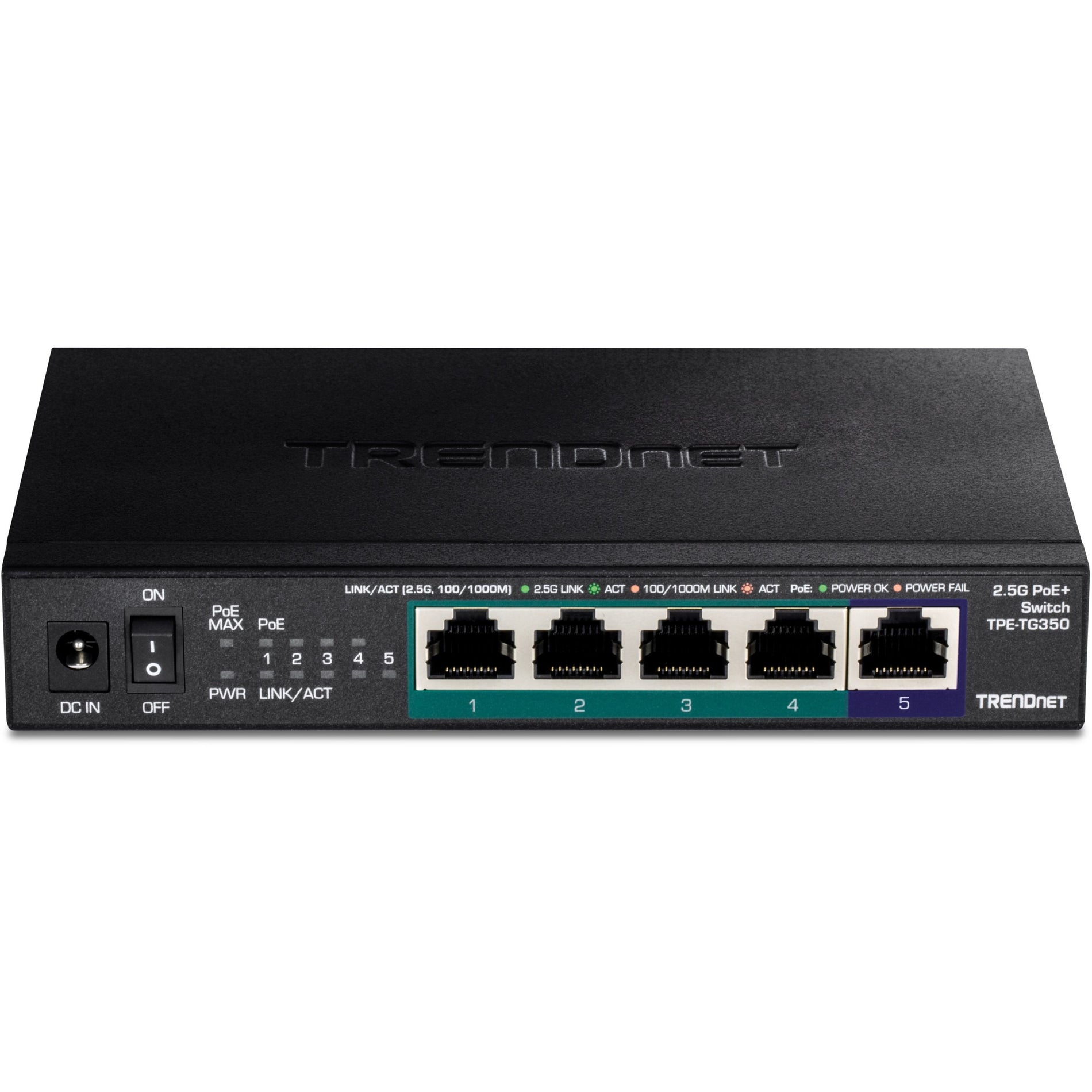 TRENDnet 5-Port Unmanaged 2.5G PoE+ Switch, Fanless, Compact Desktop Design, Metal Housing, 2.5GBASE-T Ports, IEEE 802.3bz, 55W PoE Budget, Life protection, Black, TPE-TG350 (TPE-TG350) Front image