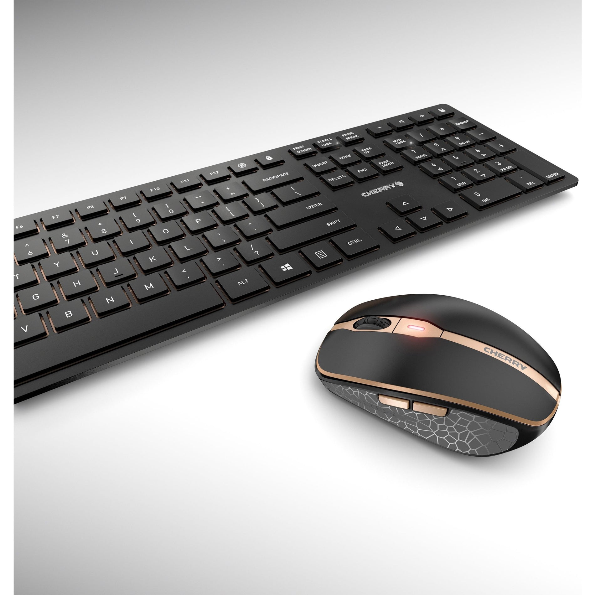 CHERRY JD-9100US-2 DW 9100 SLIM Rechargeable Wireless Desktop Keyboard & Mouse Combo, Black/Bronze, USB