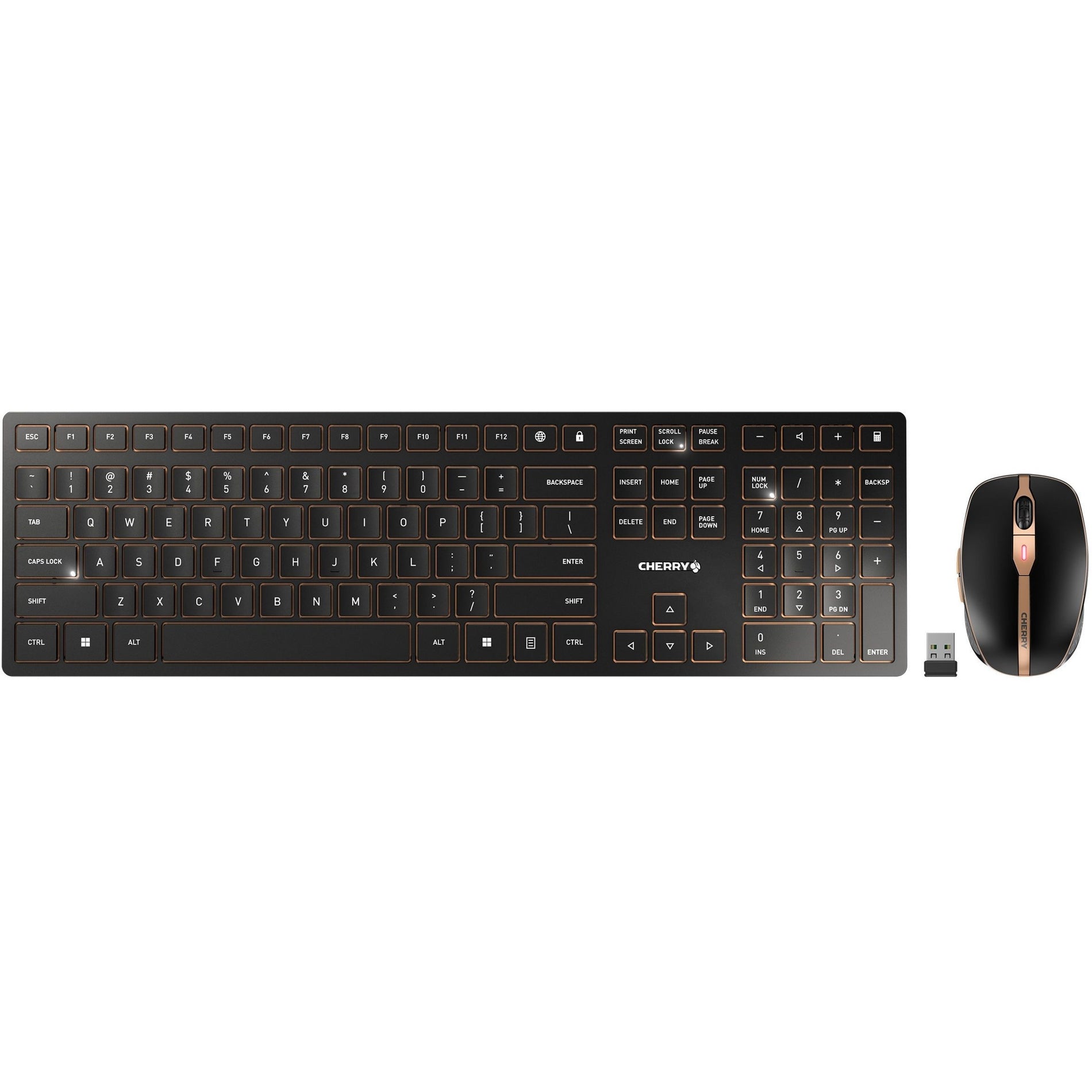CHERRY JD-9100US-2 DW 9100 SLIM Rechargeable Wireless Desktop Keyboard & Mouse Combo, Black/Bronze, USB